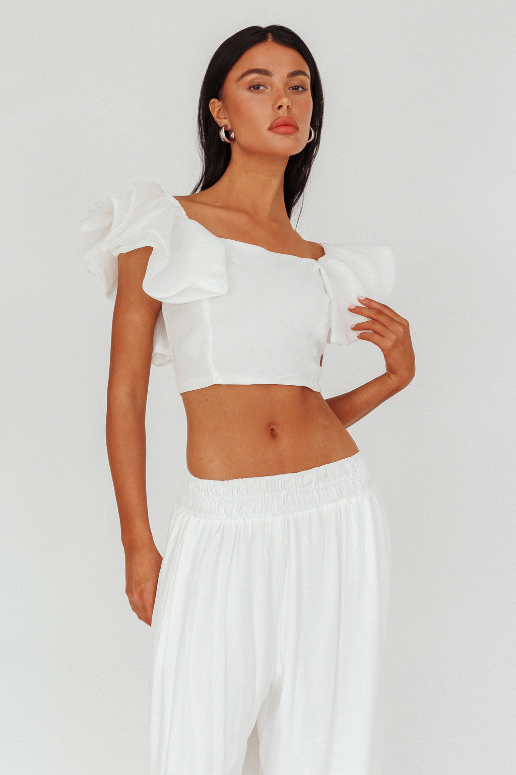 Zali Ruffle Sleeve Crop Top White by Selfie Leslie
