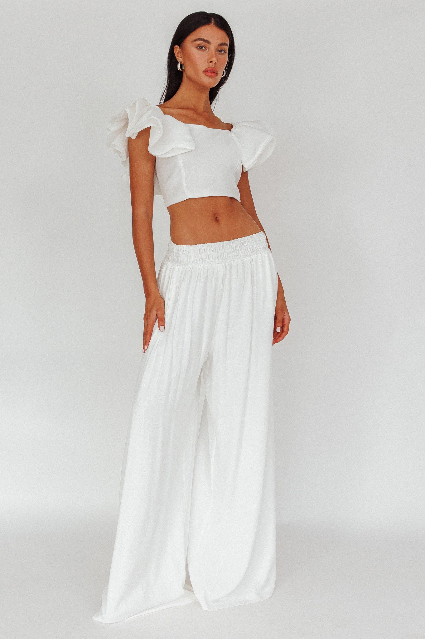 white ruffle sleeve crop top