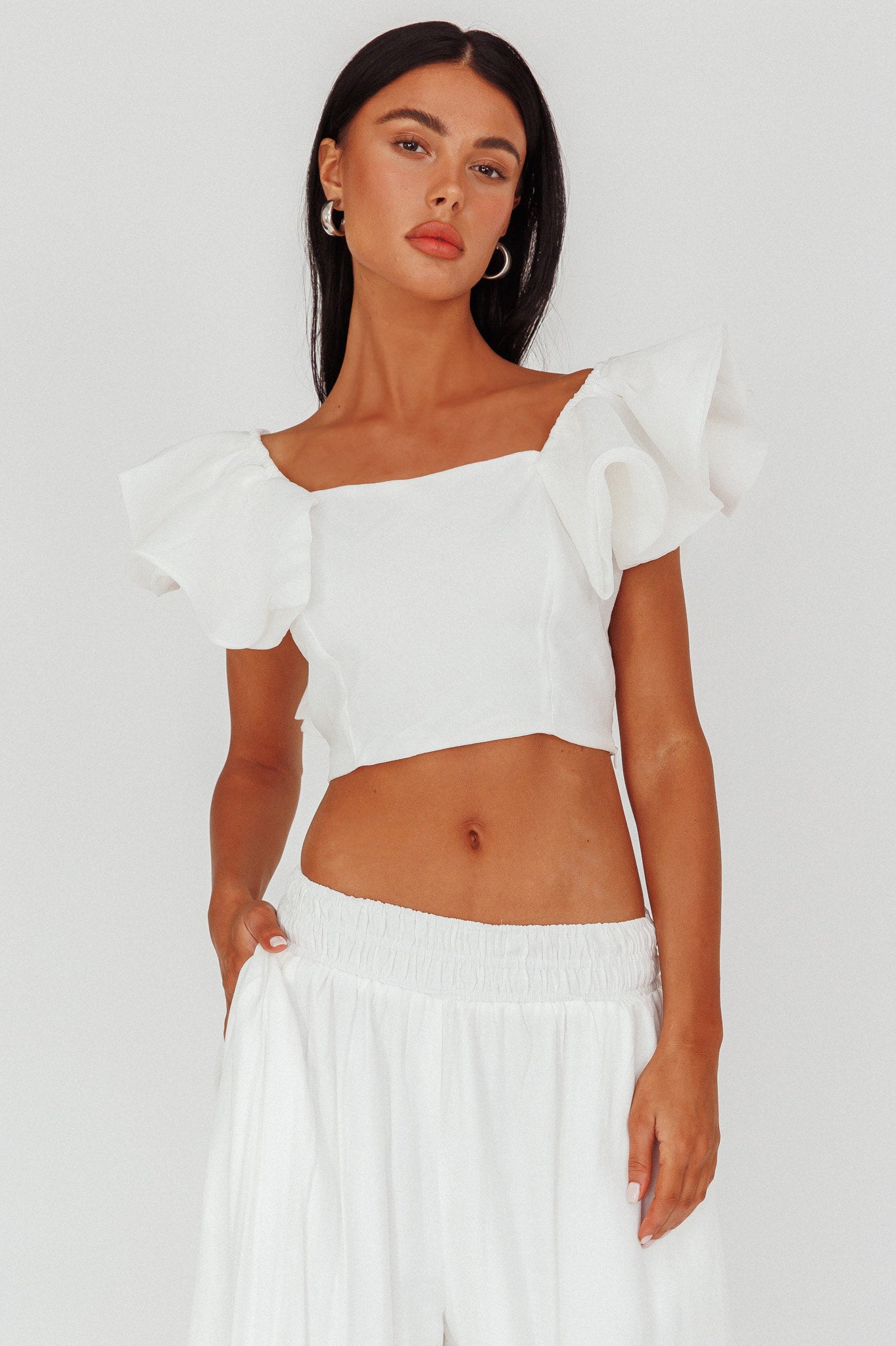 Zali Ruffle Sleeve Crop Top White by Selfie Leslie