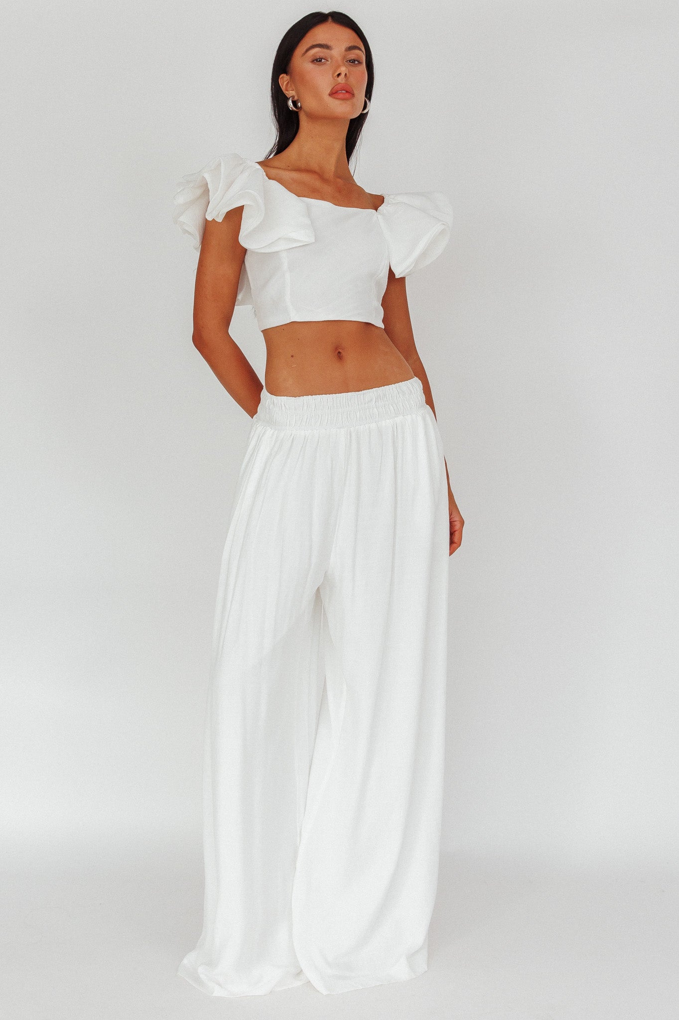 Darna Shirred Waist Wide Leg Pants Off White by Selfie Leslie