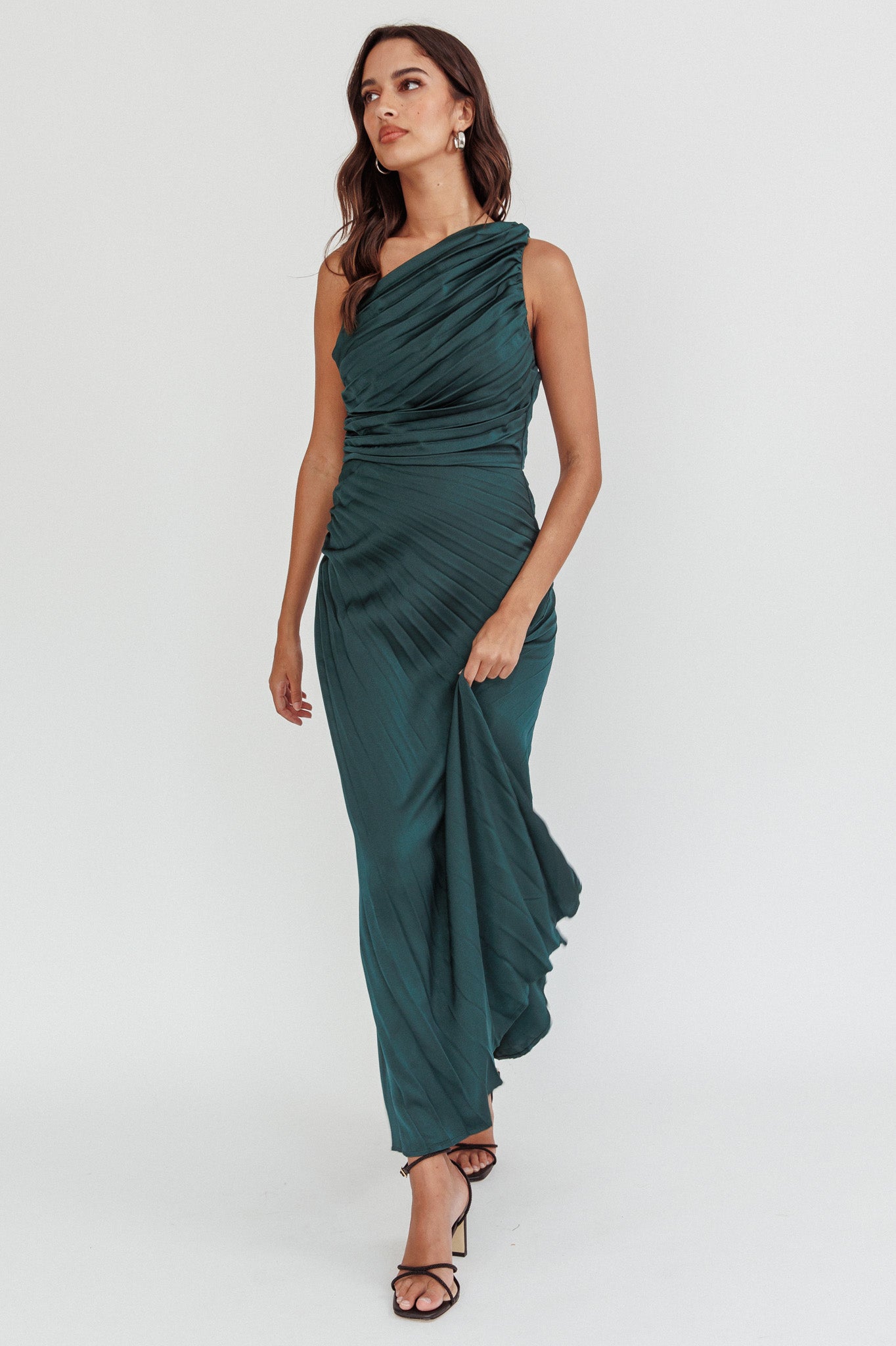 Scarlett One-Shoulder Pleat Maxi Dress Green by Selfie Leslie