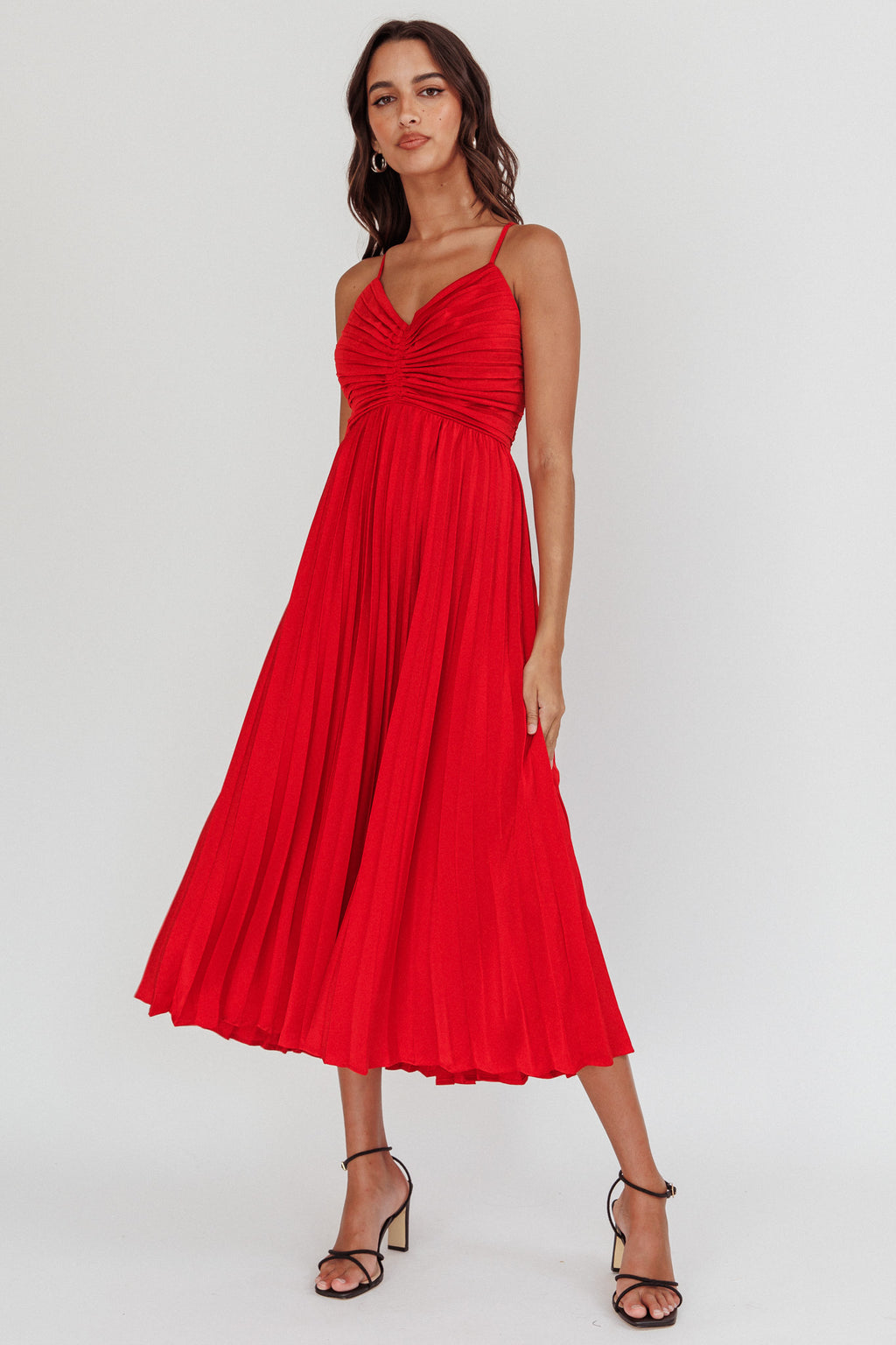 Spoken For Accordion Pleat Midi Dress Red by Selfie Leslie