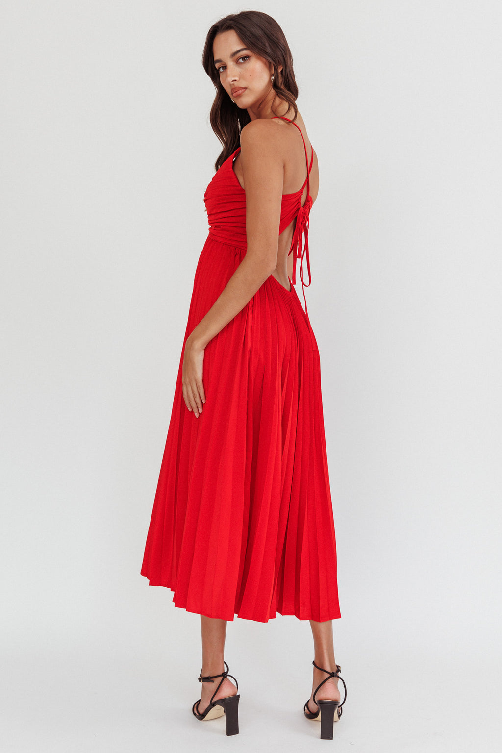 Spoken For Accordion Pleat Midi Dress Red by Selfie Leslie