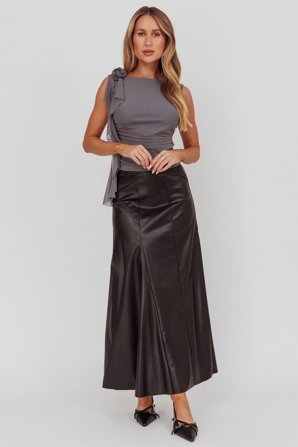 Galaxia A-Line Faux Leather Maxi Skirt Black by Selfie Leslie