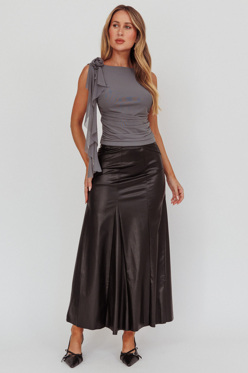 Galaxia A-Line Faux Leather Maxi Skirt Black by Selfie Leslie