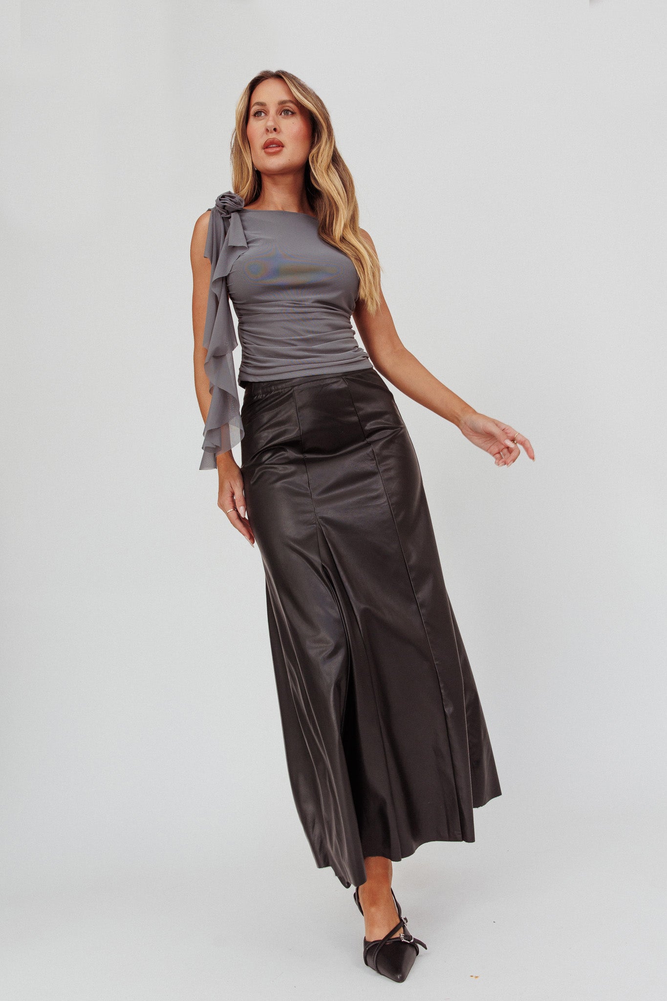 Galaxia A-Line Faux Leather Maxi Skirt Black by Selfie Leslie