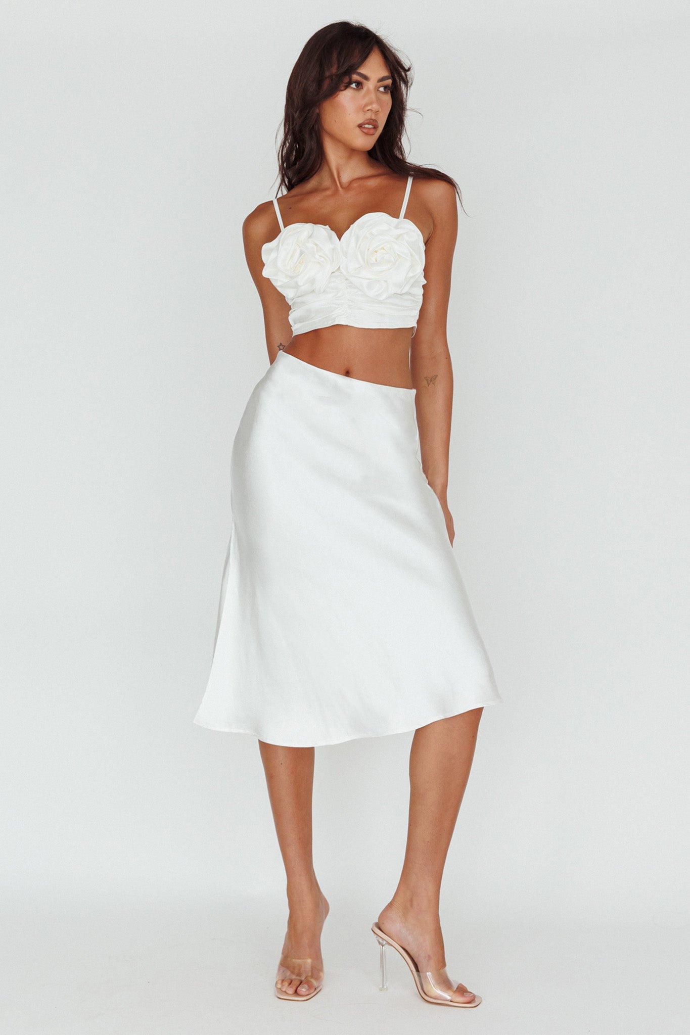 Daze Satin Midi Skirt Cream by Selfie Leslie