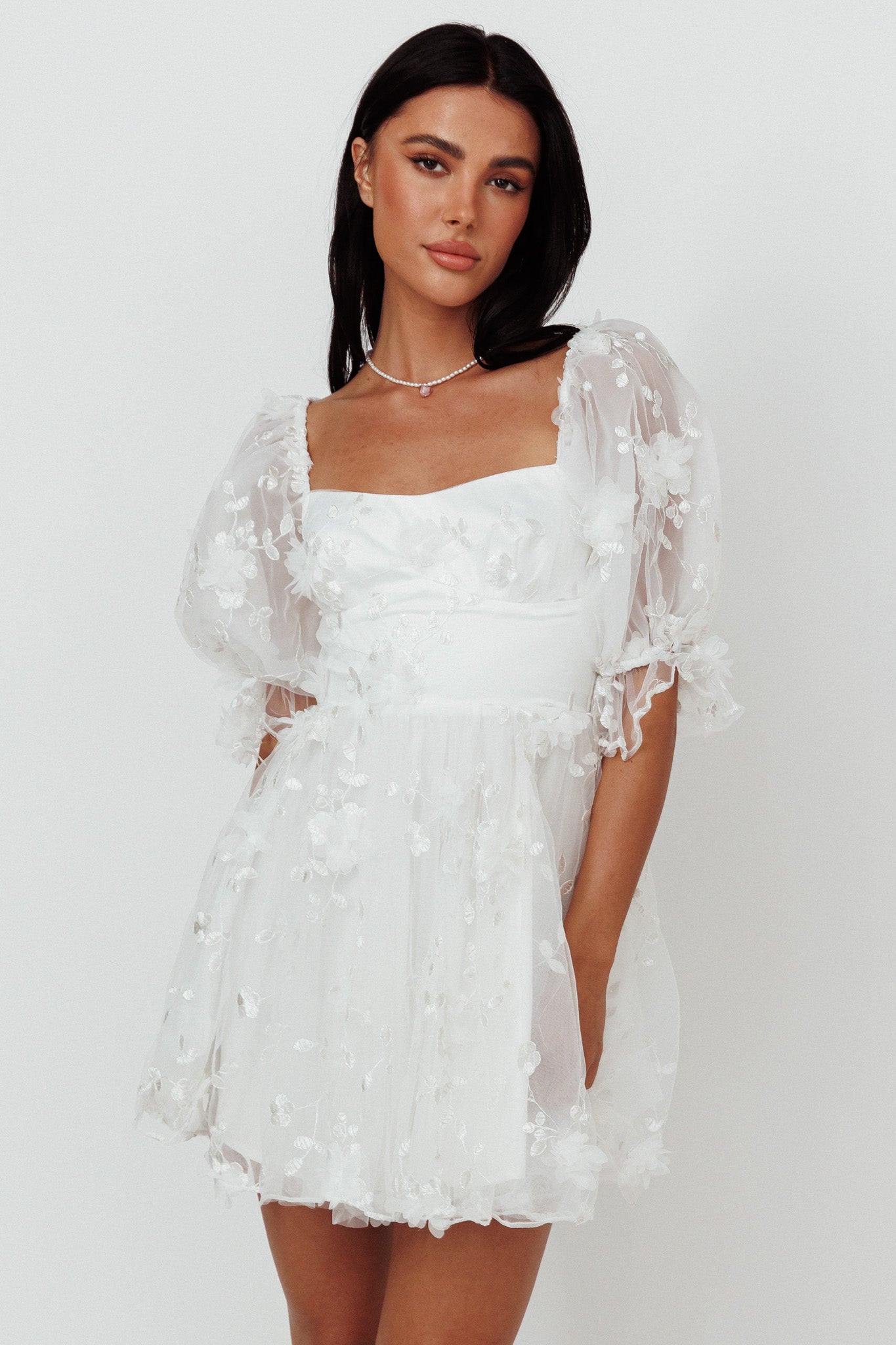 I've Got Sunshine Ruffle Strap Mini Dress Embellished White by Selfie Leslie