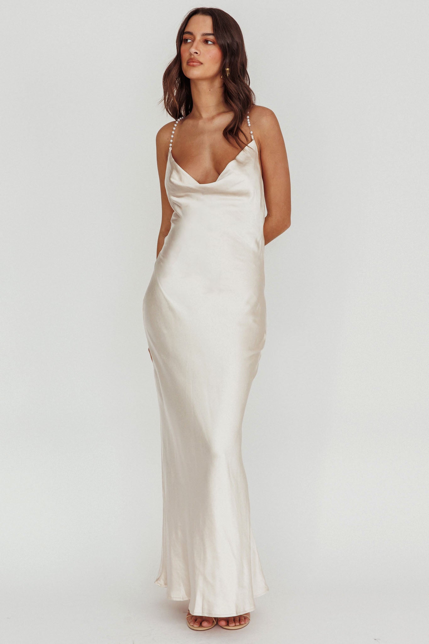 champagne satin cowl neck ring detail bodycon dress Champagne Satin Cowl Neck Mini Dress With Delicate Lace Trim Sleeveless Bodycon