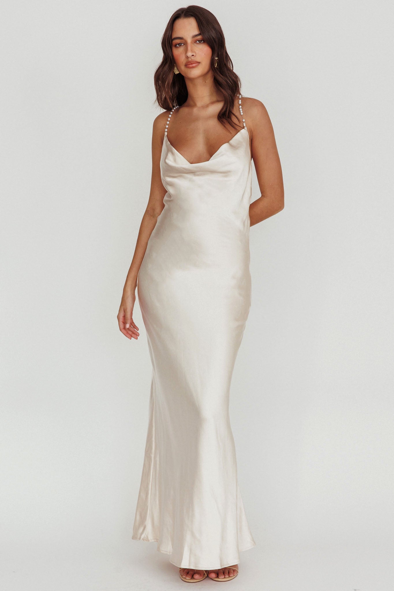Danijela Cowl Neck Pearl Satin Maxi Dress Champagne Selfie Leslie Danijela Cowl Neck Pearl Satin Maxi Dress Champagne Selfie Leslie