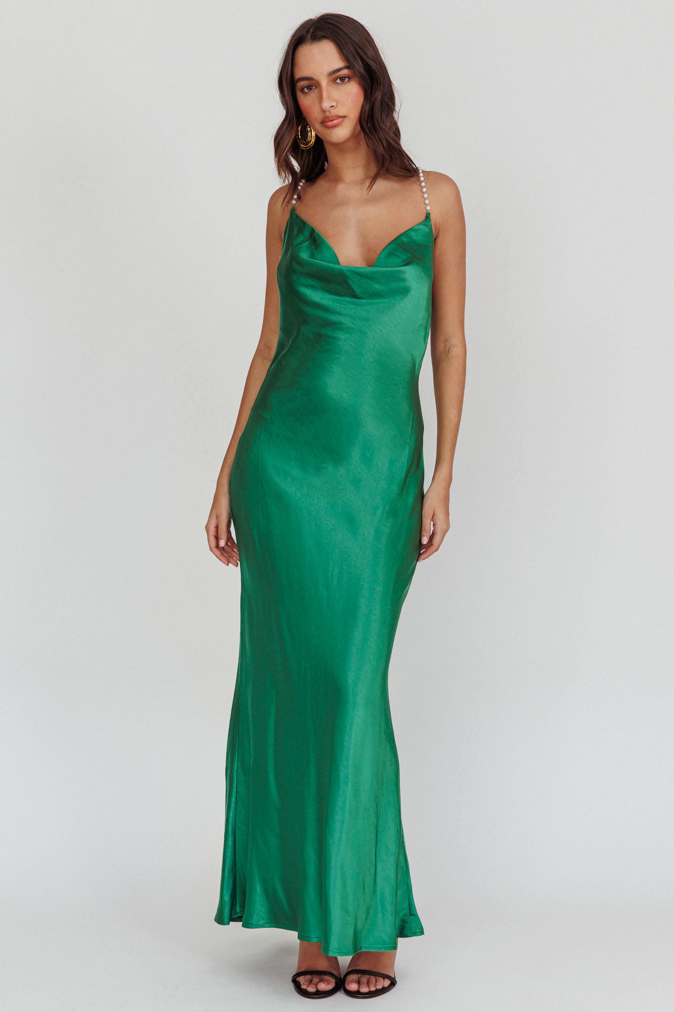 Danijela Cowl Neck Pearl Satin Maxi Dress Emerald by Selfie Leslie