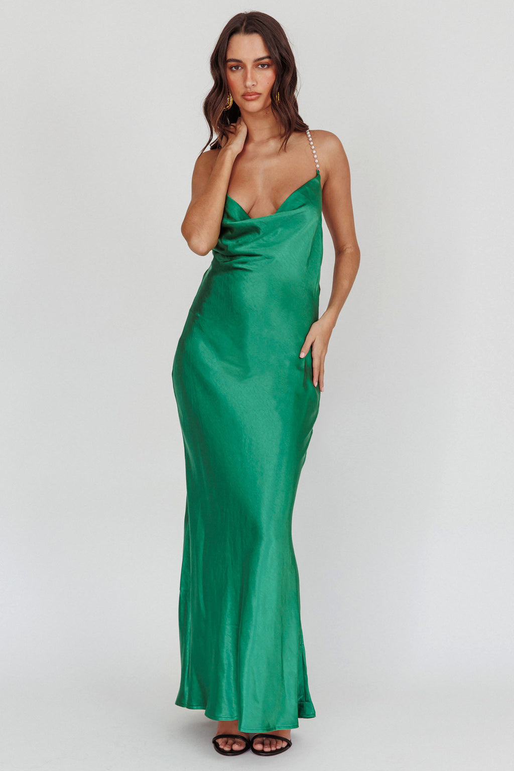 Danijela Cowl Neck Pearl Satin Maxi Dress Emerald by Selfie Leslie