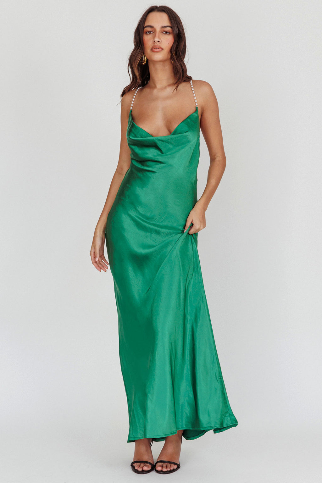 Danijela Cowl Neck Pearl Satin Maxi Dress Emerald by Selfie Leslie