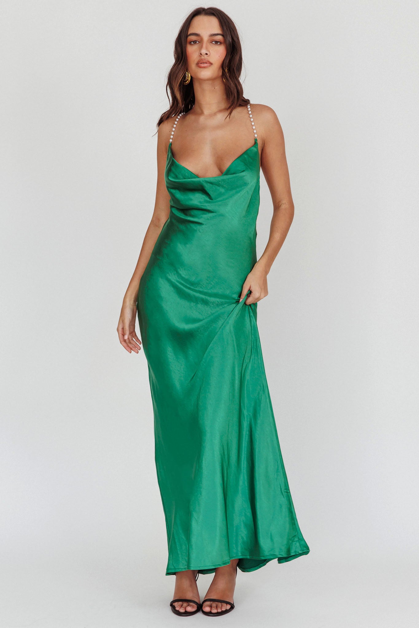 Danijela Cowl Neck Pearl Satin Maxi Dress Emerald by Selfie Leslie