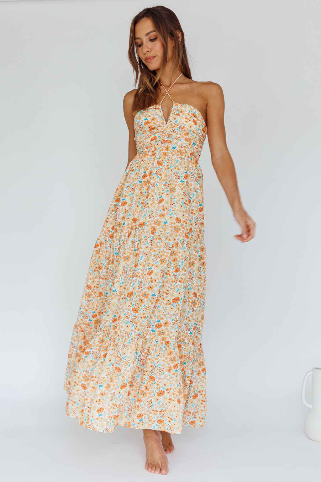 Asiah Halterneck Maxi Dress Flowers Orange by Selfie Leslie