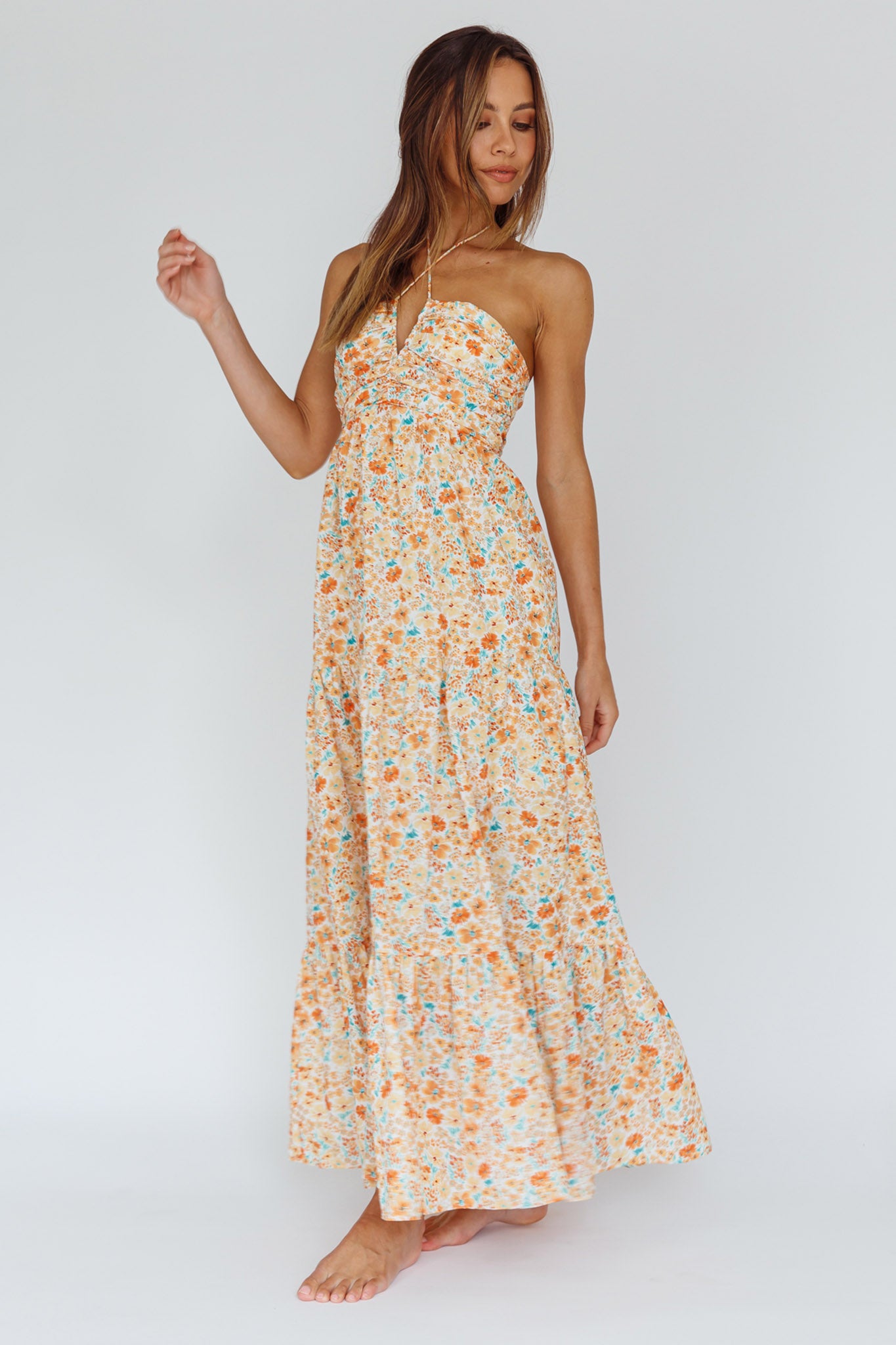 Asiah Halterneck Maxi Dress Flowers Orange by Selfie Leslie