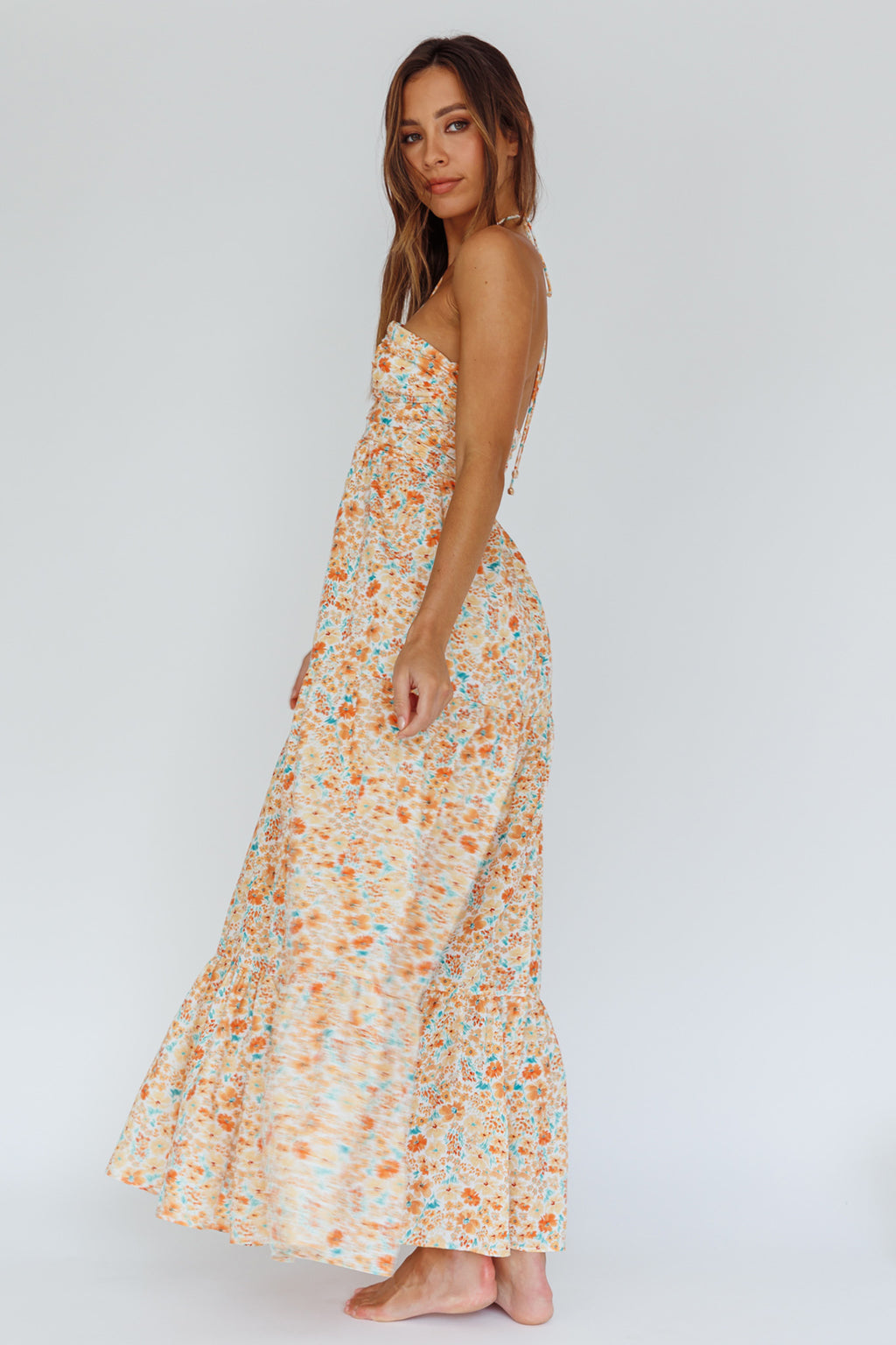 Asiah Halterneck Maxi Dress Flowers Orange by Selfie Leslie