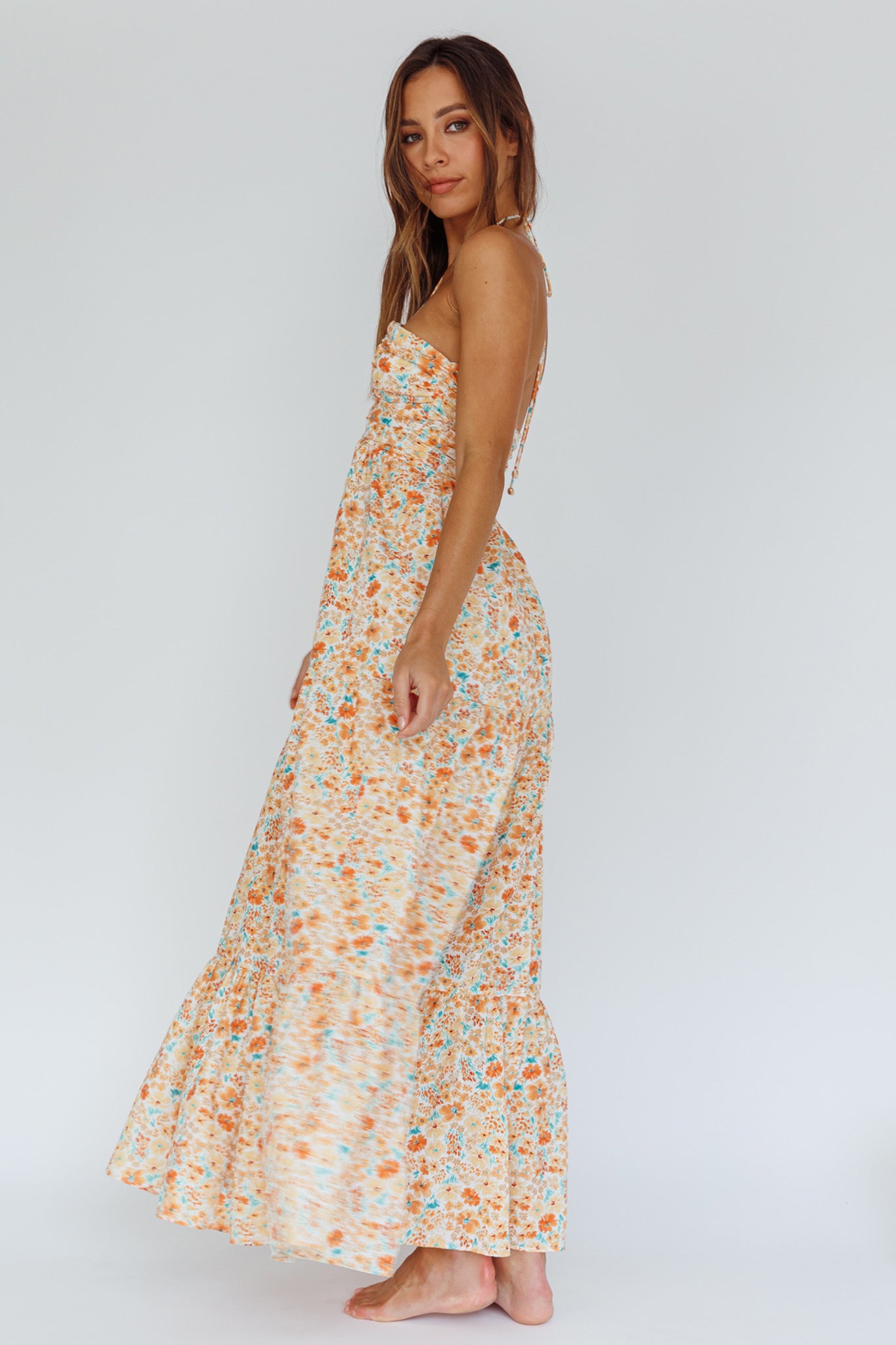 Asiah Halterneck Maxi Dress Flowers Orange by Selfie Leslie