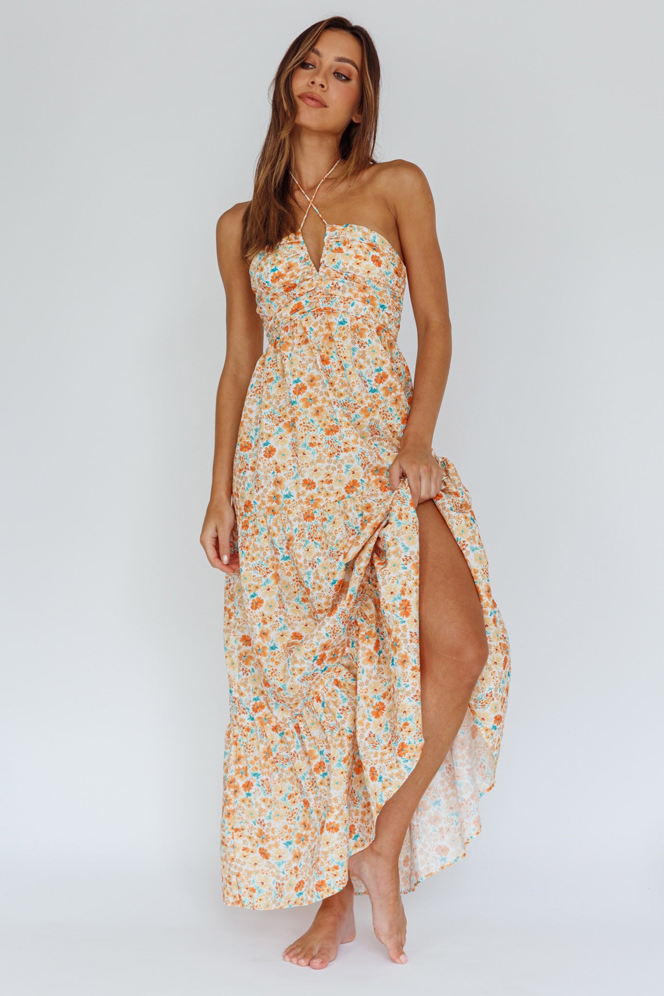 Asiah Halterneck Maxi Dress Flowers Orange by Selfie Leslie
