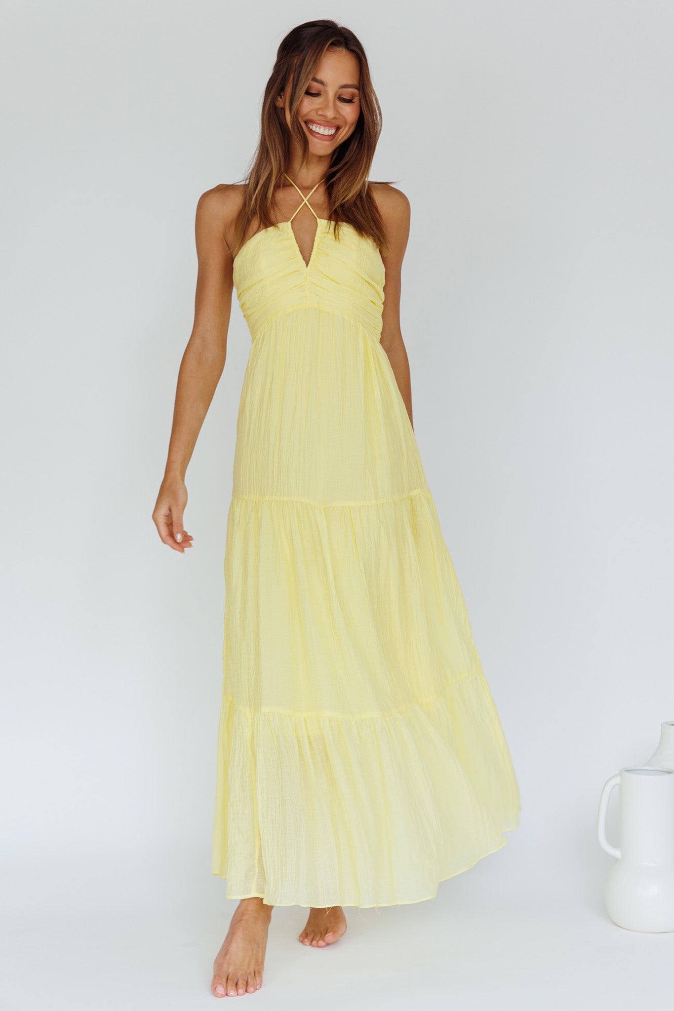 Asiah Halterneck Maxi Dress Lemon by Selfie Leslie