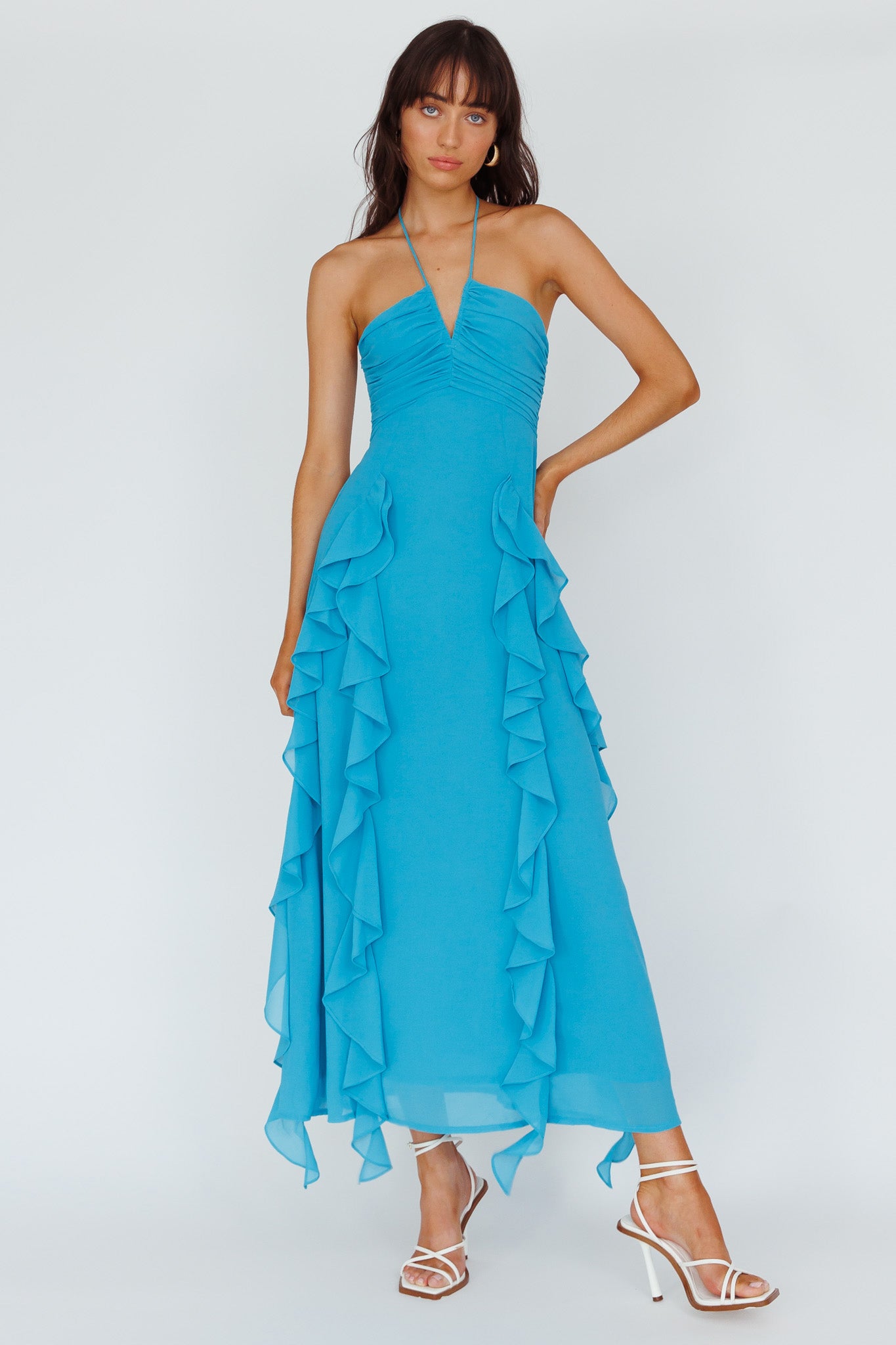 cerulean blue dress Asiah Ruffle Trim Halterneck Maxi Dress Cerulean Blue