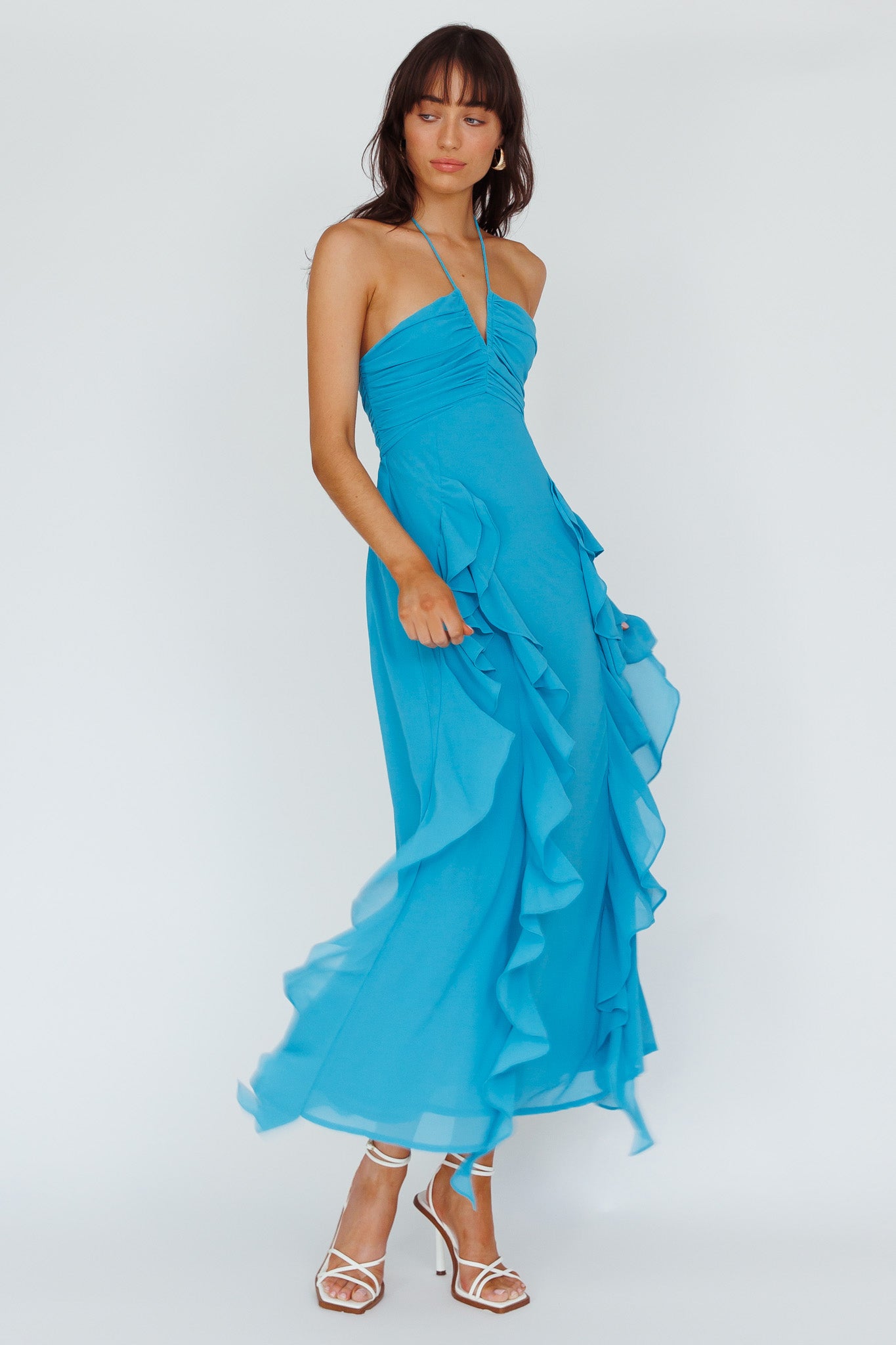 Shop the Asiah Ruffle Trim Halterneck Maxi Dress Cerulean Blue