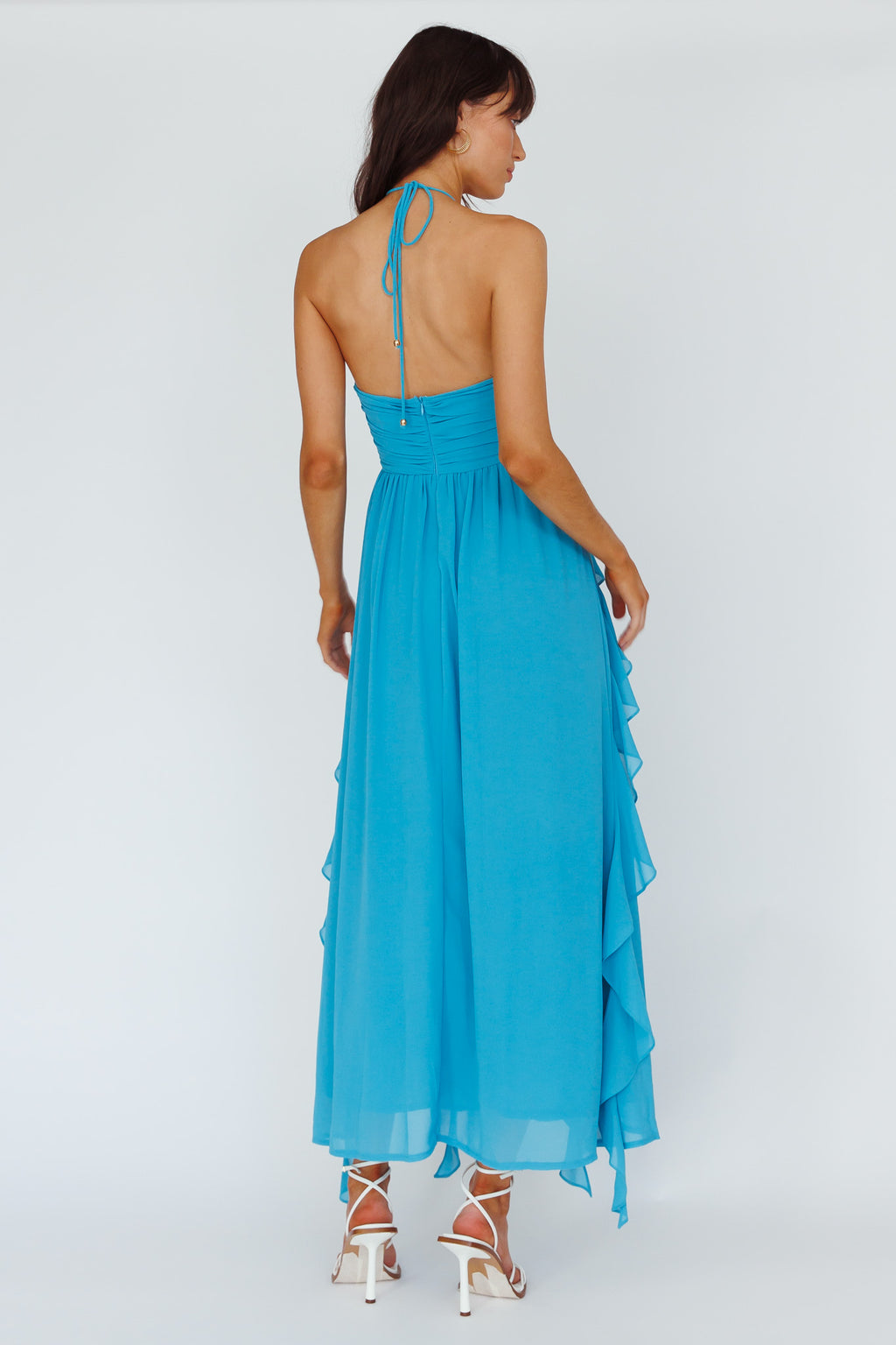Asiah Ruffle Trim Halterneck Maxi Dress Cerulean Blue Asiah Ruffle Trim Halterneck Maxi Dress Cerulean Blue