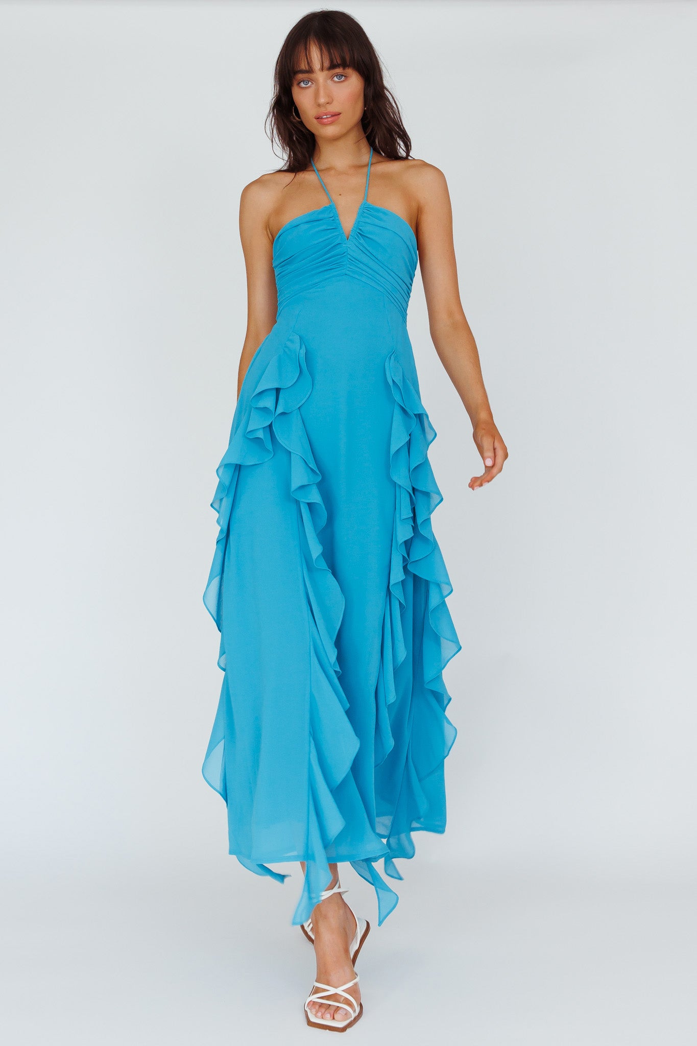 Shop the Asiah Ruffle Trim Halterneck Maxi Dress Cerulean Blue