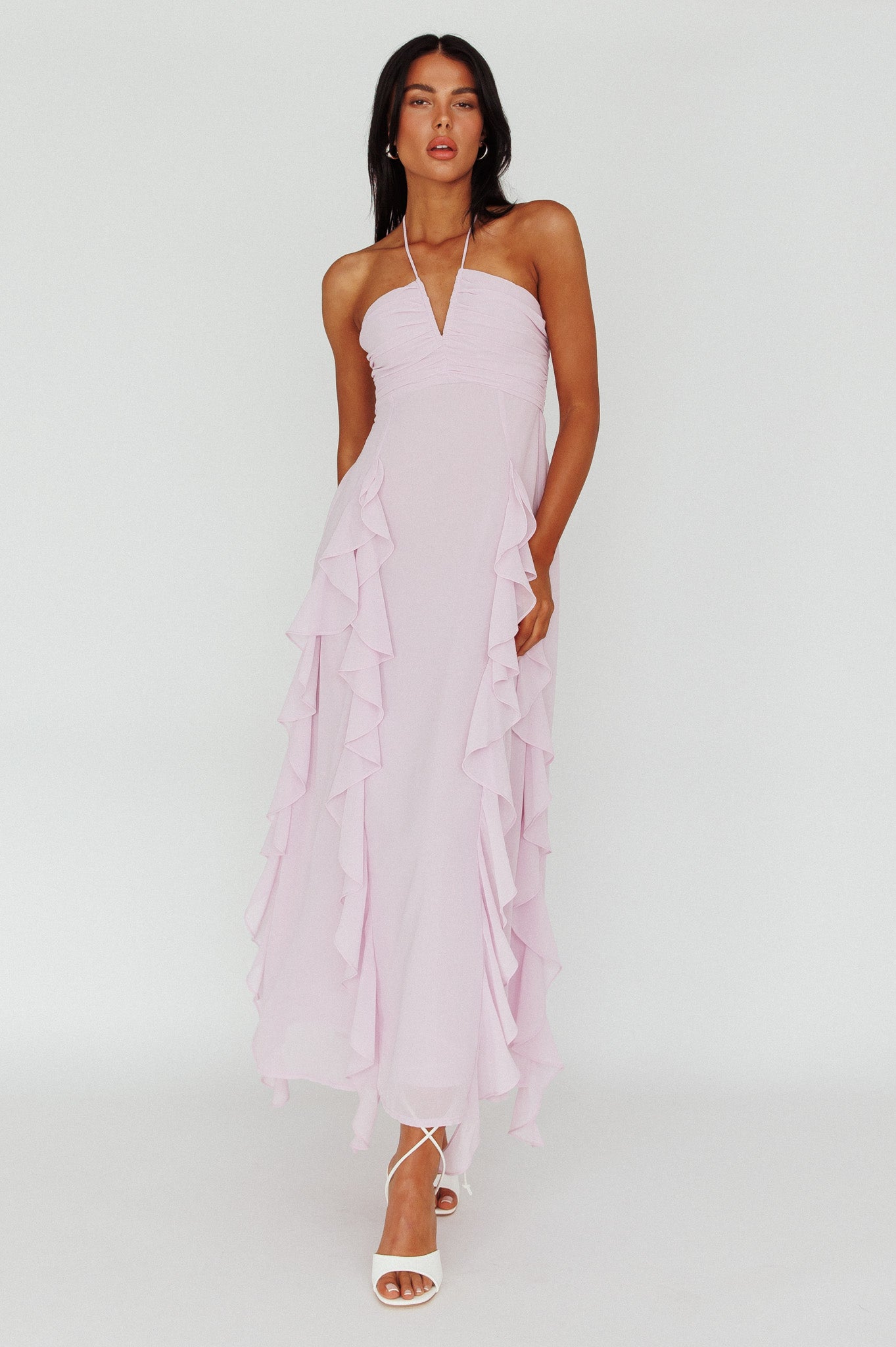 Asiah Ruffle Trim Halterneck Maxi Dress Lavender by Selfie Leslie