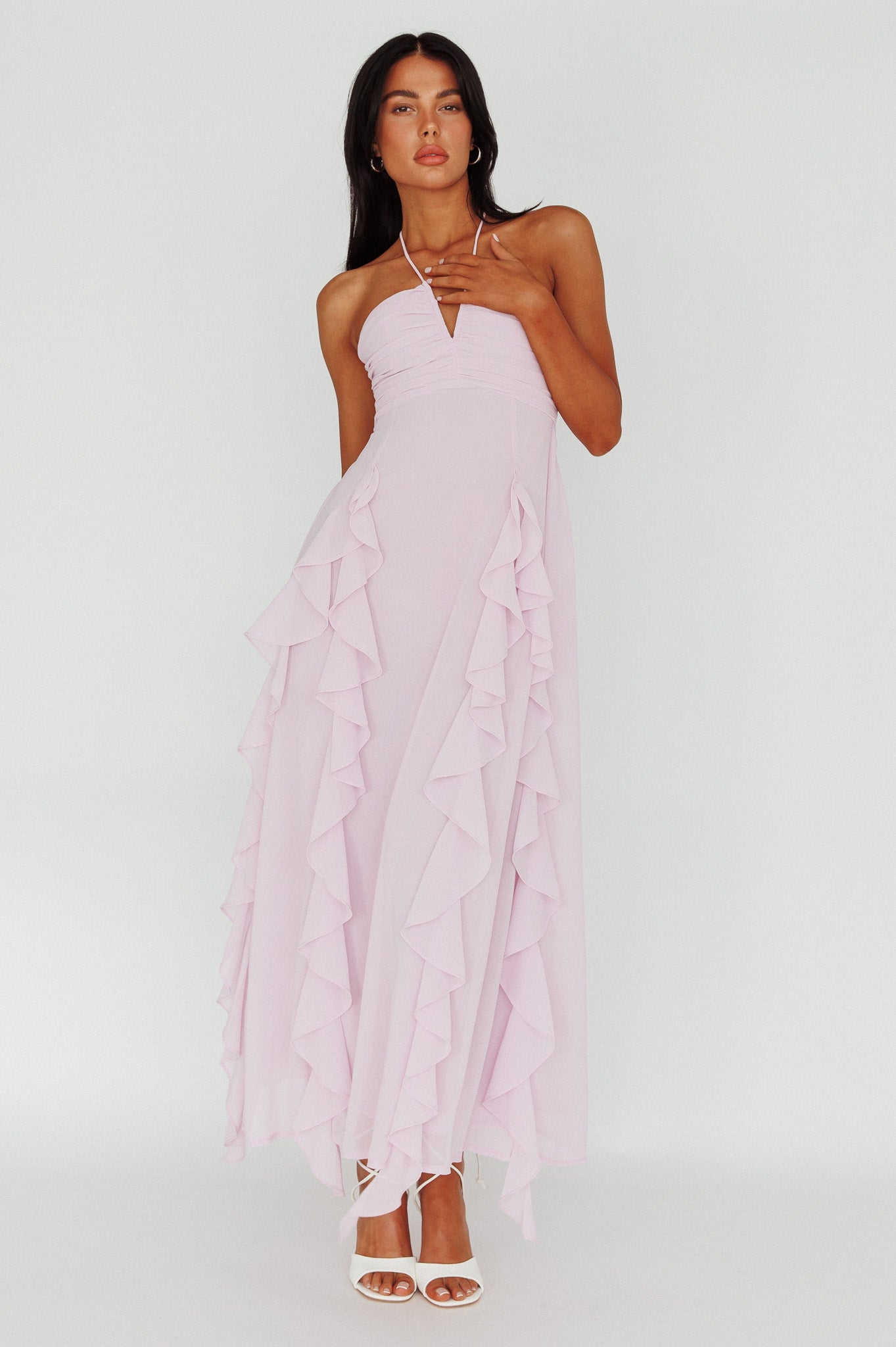 Asiah Ruffle Trim Halterneck Maxi Dress Lavender by Selfie Leslie
