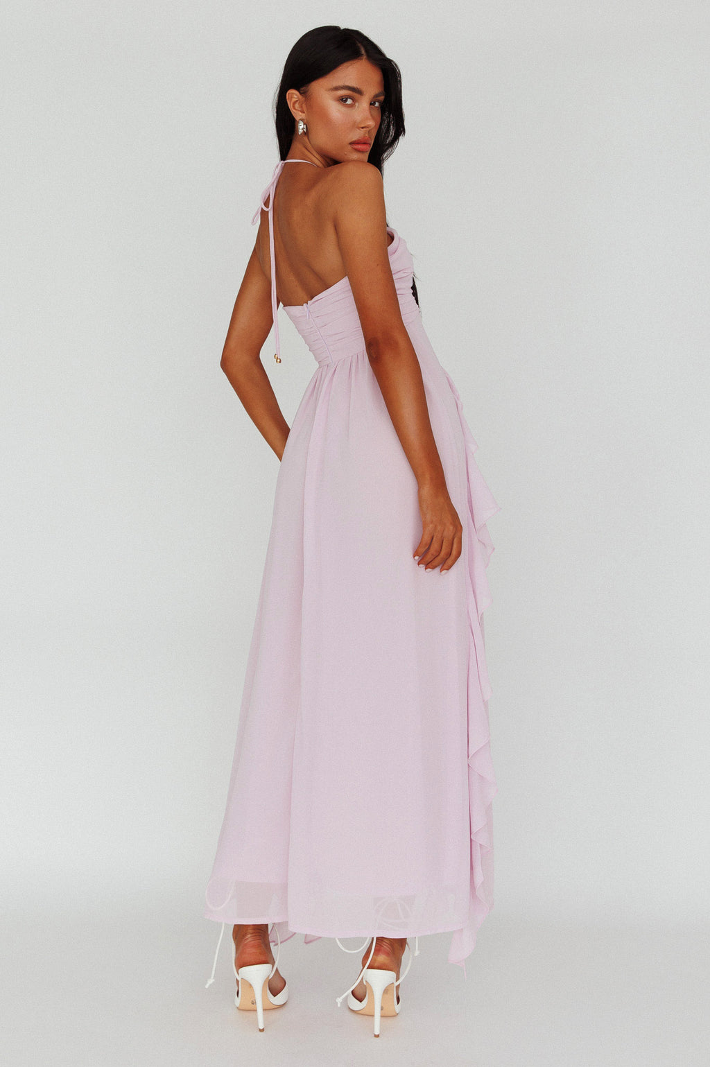Asiah Ruffle Trim Halterneck Maxi Dress Lavender by Selfie Leslie