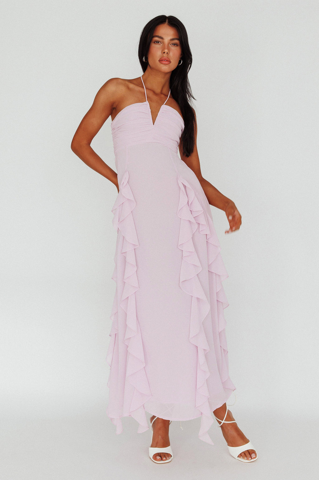 Asiah Ruffle Trim Halterneck Maxi Dress Lavender by Selfie Leslie