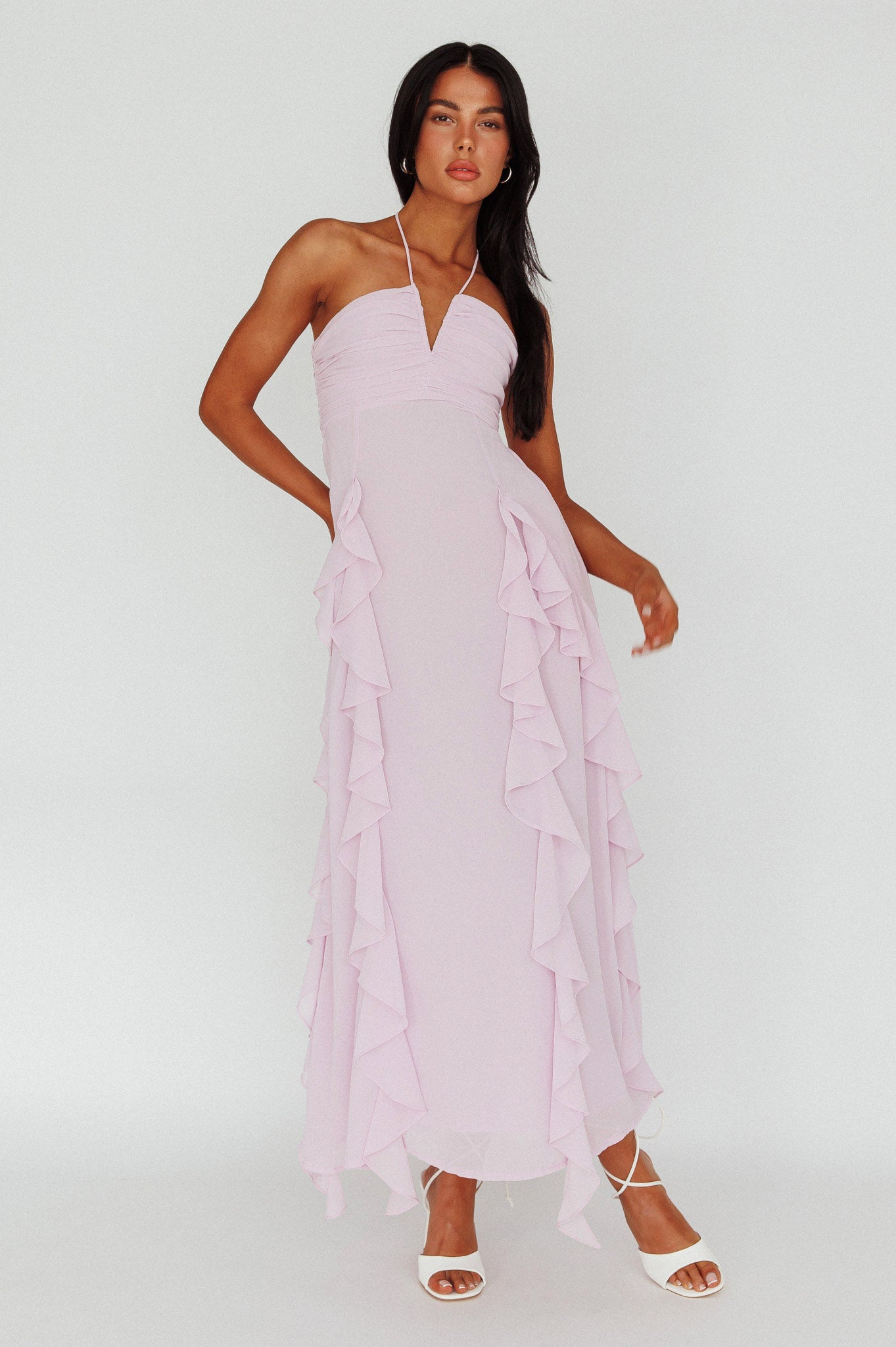 Asiah Ruffle Trim Halterneck Maxi Dress Lavender by Selfie Leslie