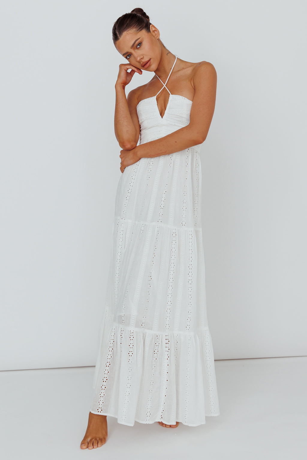 Asiah Halterneck Maxi Dress Eyelet White by Selfie Leslie