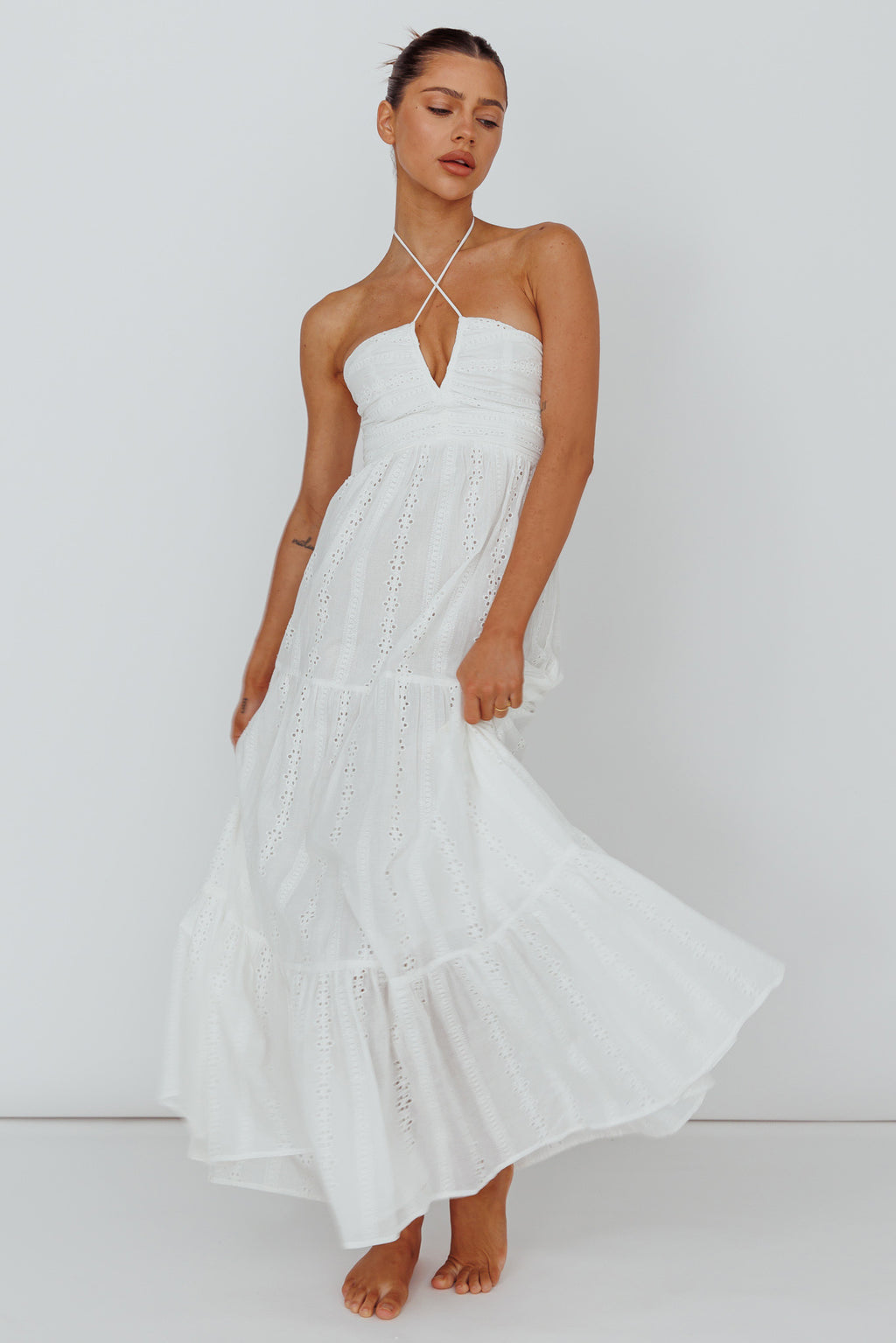 Asiah Halterneck Maxi Dress Eyelet White by Selfie Leslie