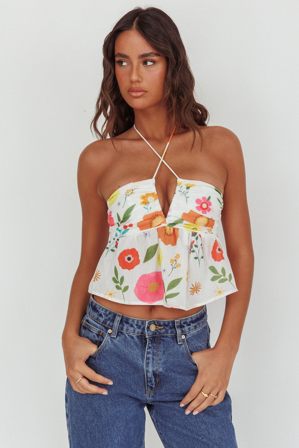 Asiah Halter Neck Top Floral White by Selfie Leslie