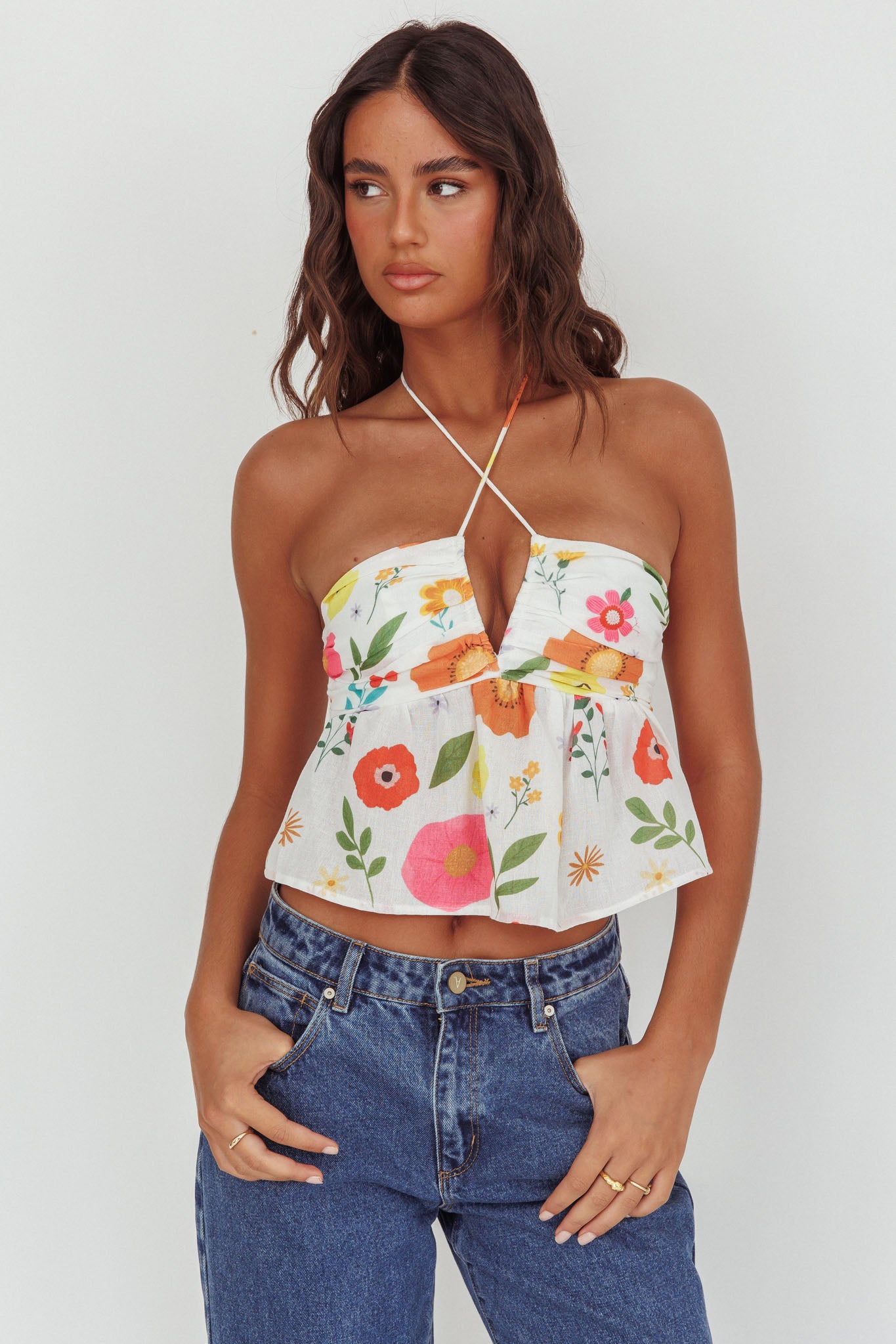 Asiah Halter Neck Top Floral White by Selfie Leslie