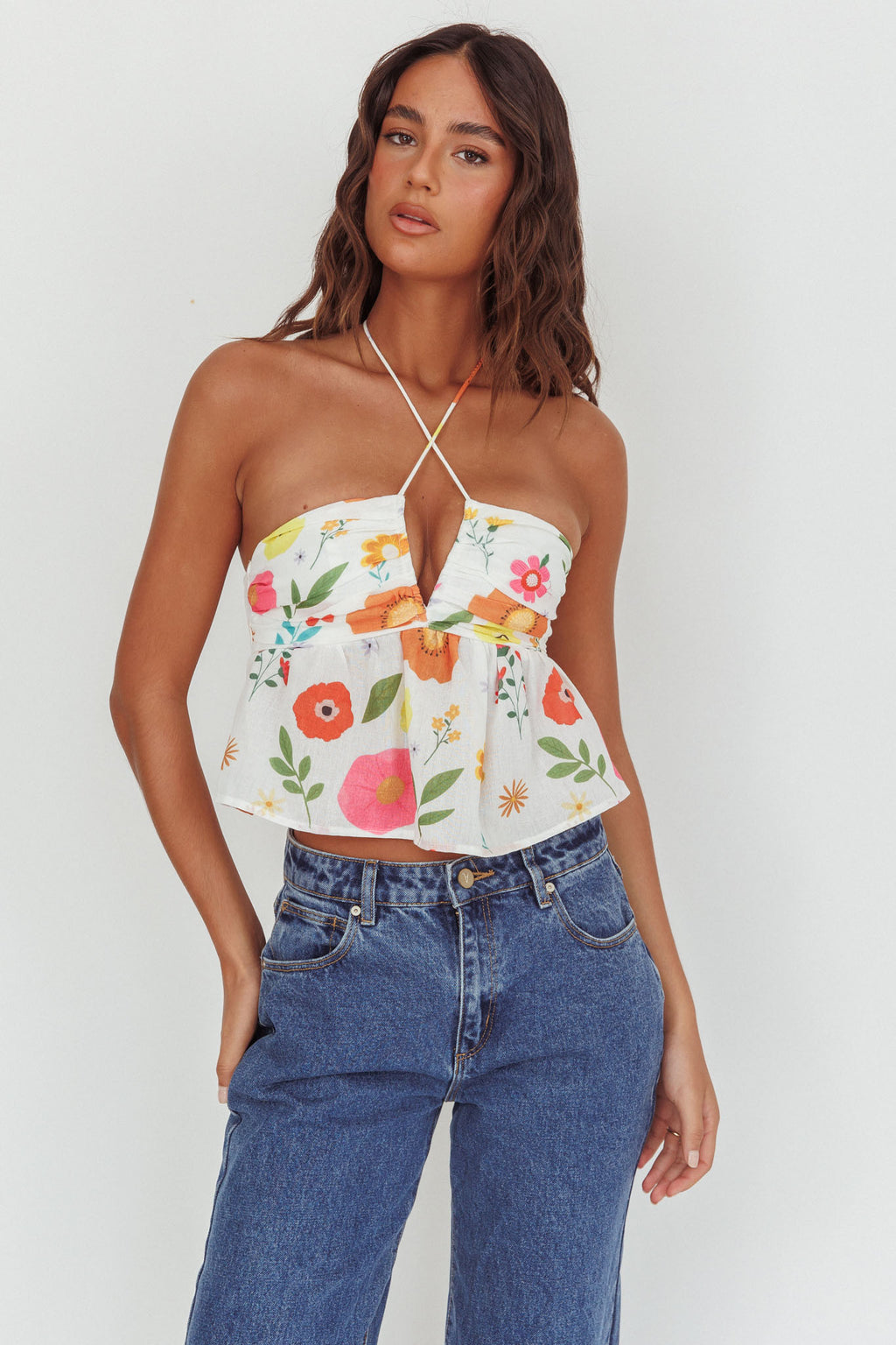 Asiah Halter Neck Top Floral White by Selfie Leslie