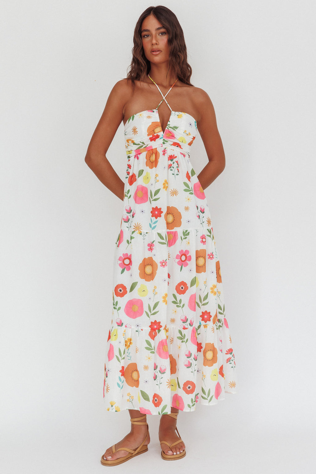 Asiah Gathered Bust Halterneck Maxi Dress Floral White by Selfie Leslie