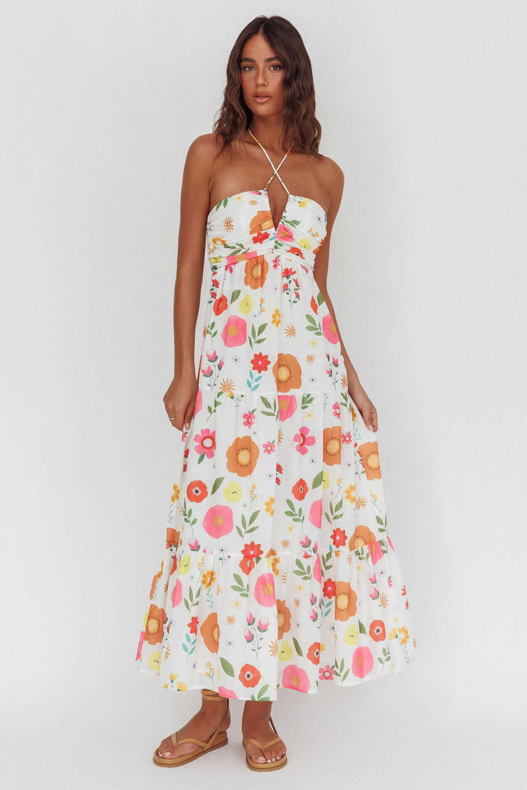 Asiah Gathered Bust Halterneck Maxi Dress Floral White by Selfie Leslie