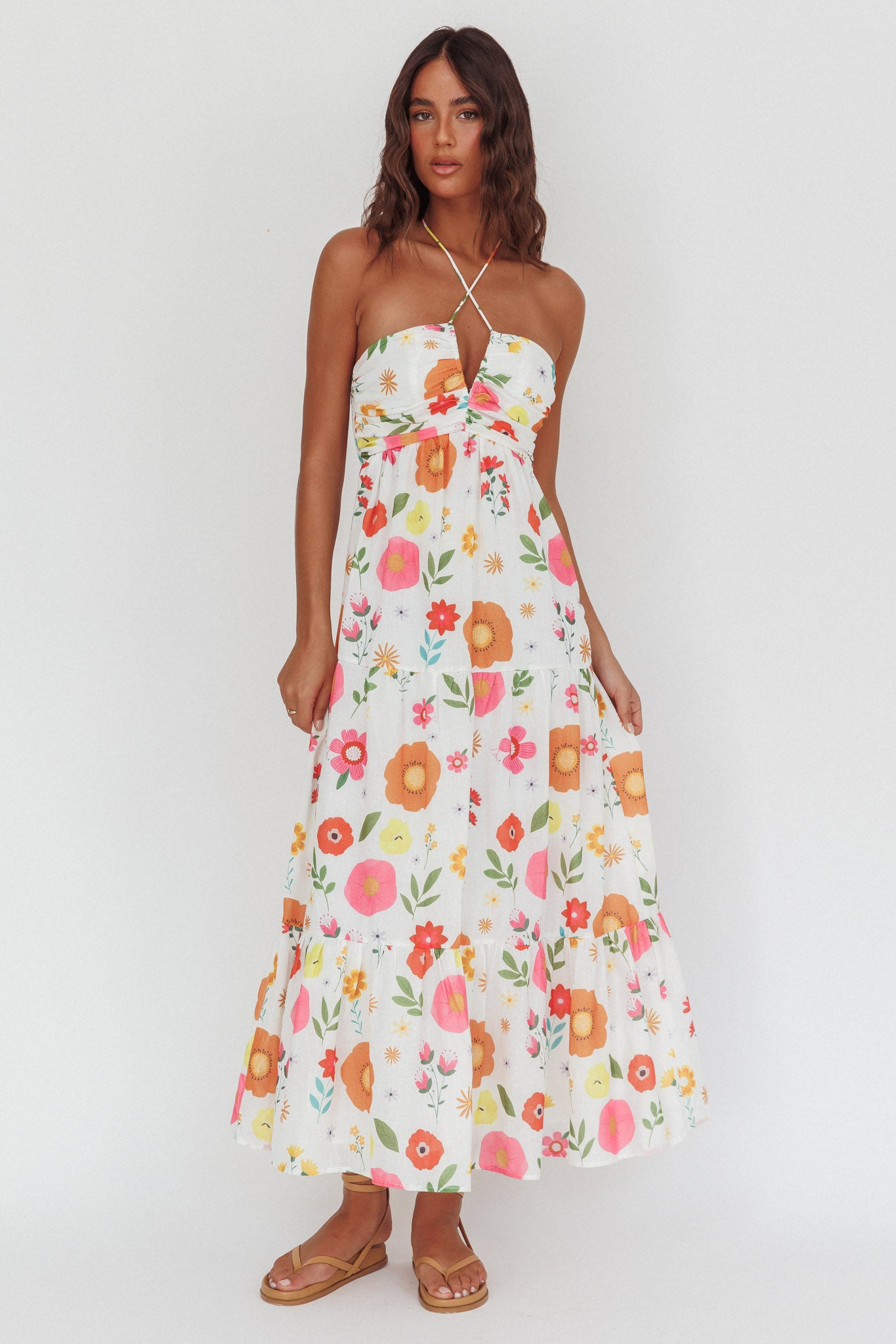 Asiah Gathered Bust Halterneck Maxi Dress Floral White by Selfie Leslie