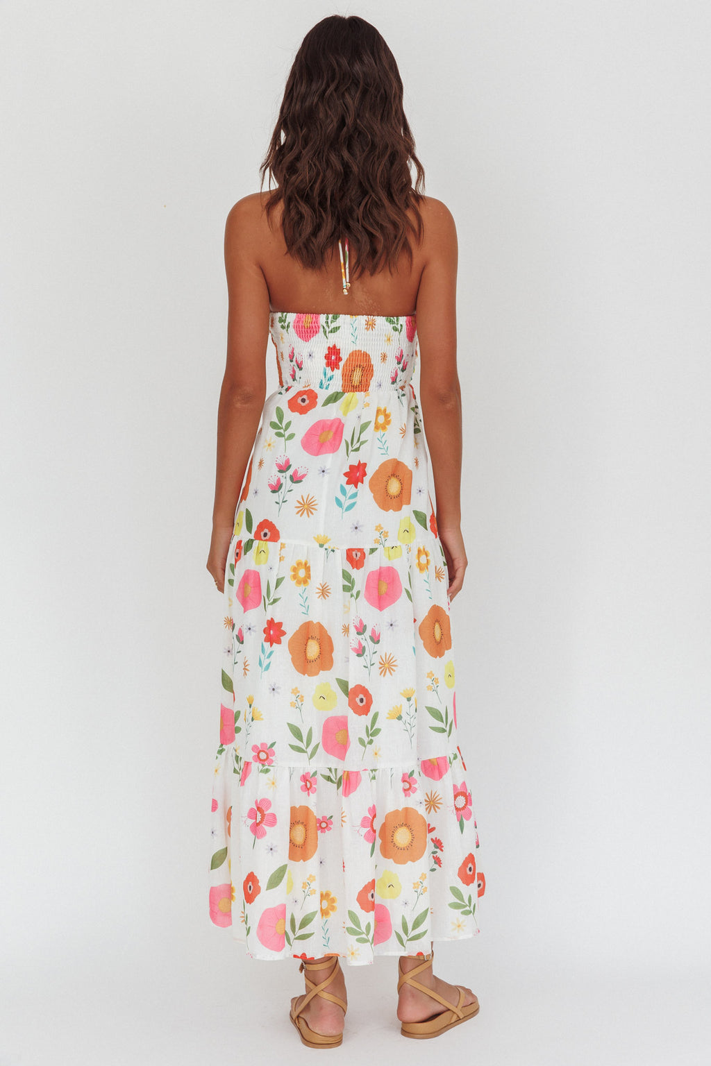 Asiah Gathered Bust Halterneck Maxi Dress Floral White by Selfie Leslie