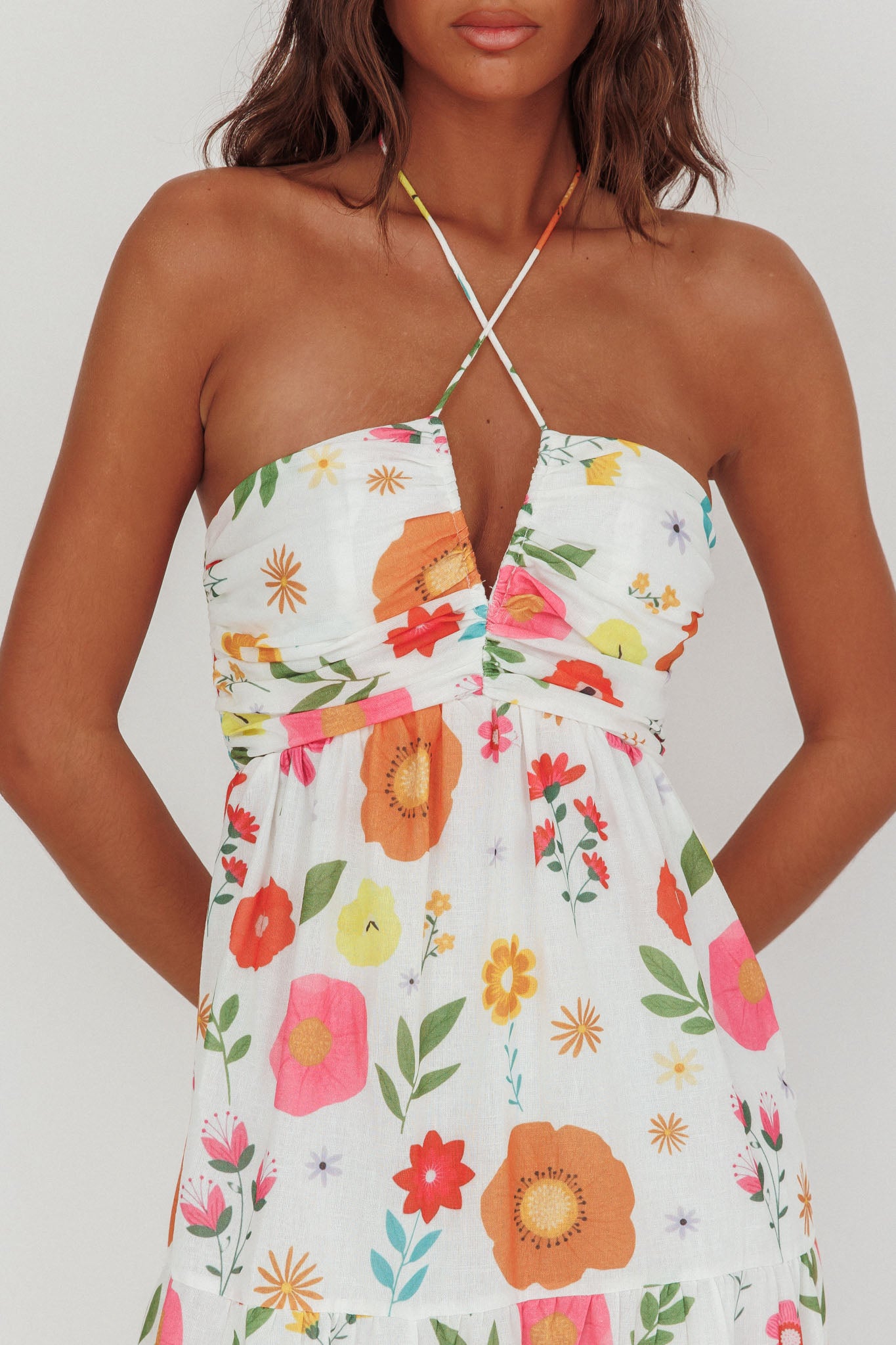 Asiah Gathered Bust Halterneck Maxi Dress Floral White by Selfie Leslie