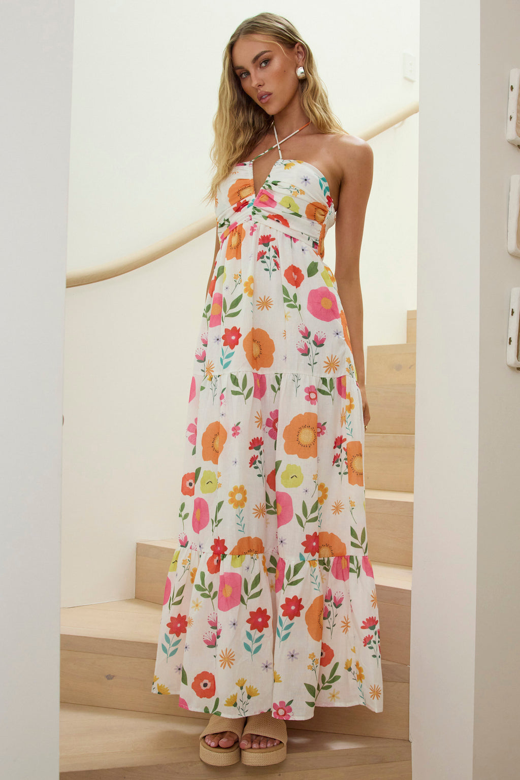 Asiah Gathered Bust Halterneck Maxi Dress Floral White by Selfie Leslie