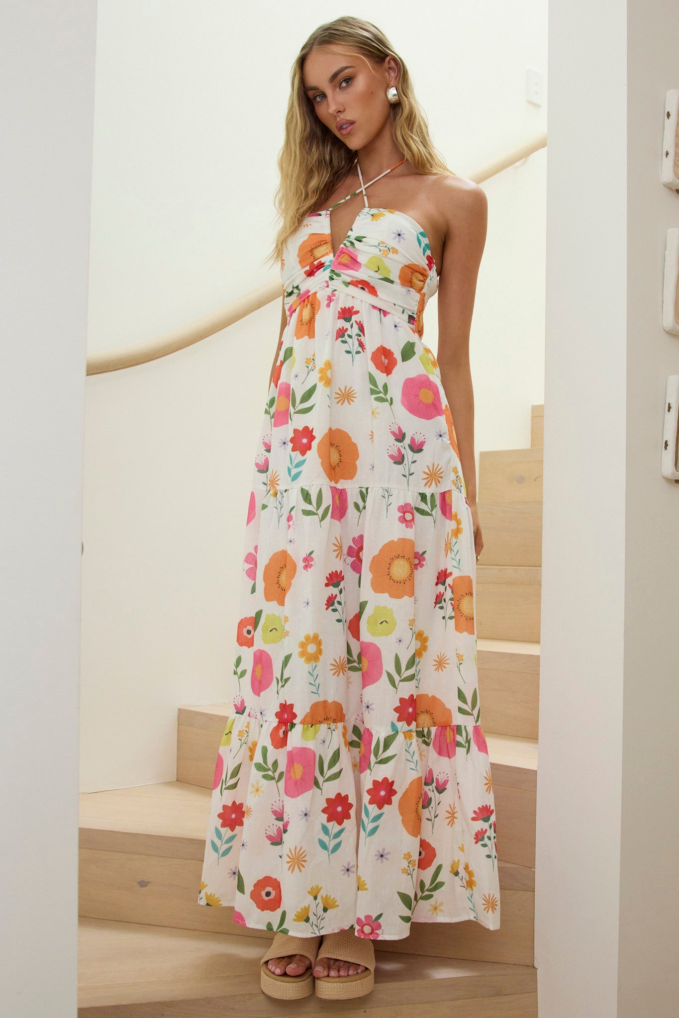 Asiah Gathered Bust Halterneck Maxi Dress Floral White by Selfie Leslie