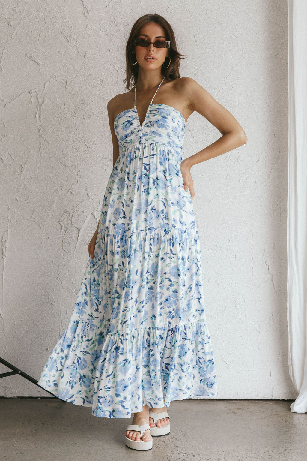 Asiah Halterneck Maxi Dress Floral Blue by Selfie Leslie