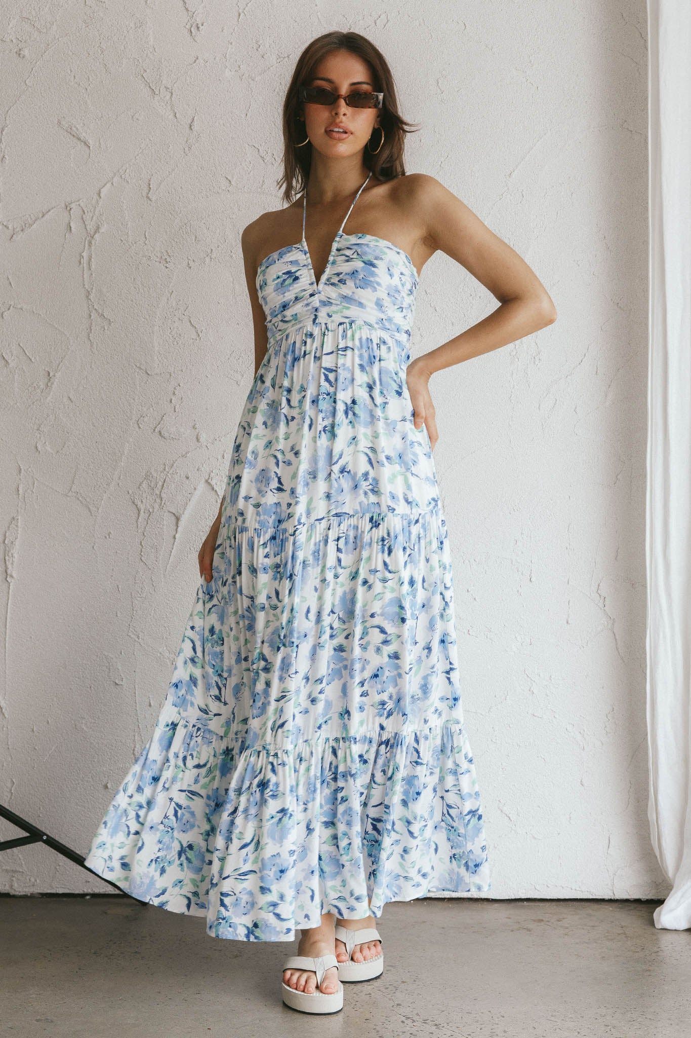 Asiah Halterneck Maxi Dress Floral Blue by Selfie Leslie