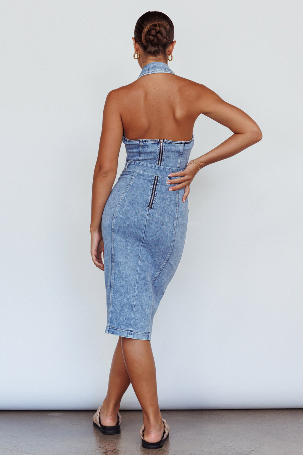 Good To Go Halterneck Midi Dress Denim by Selfie Leslie