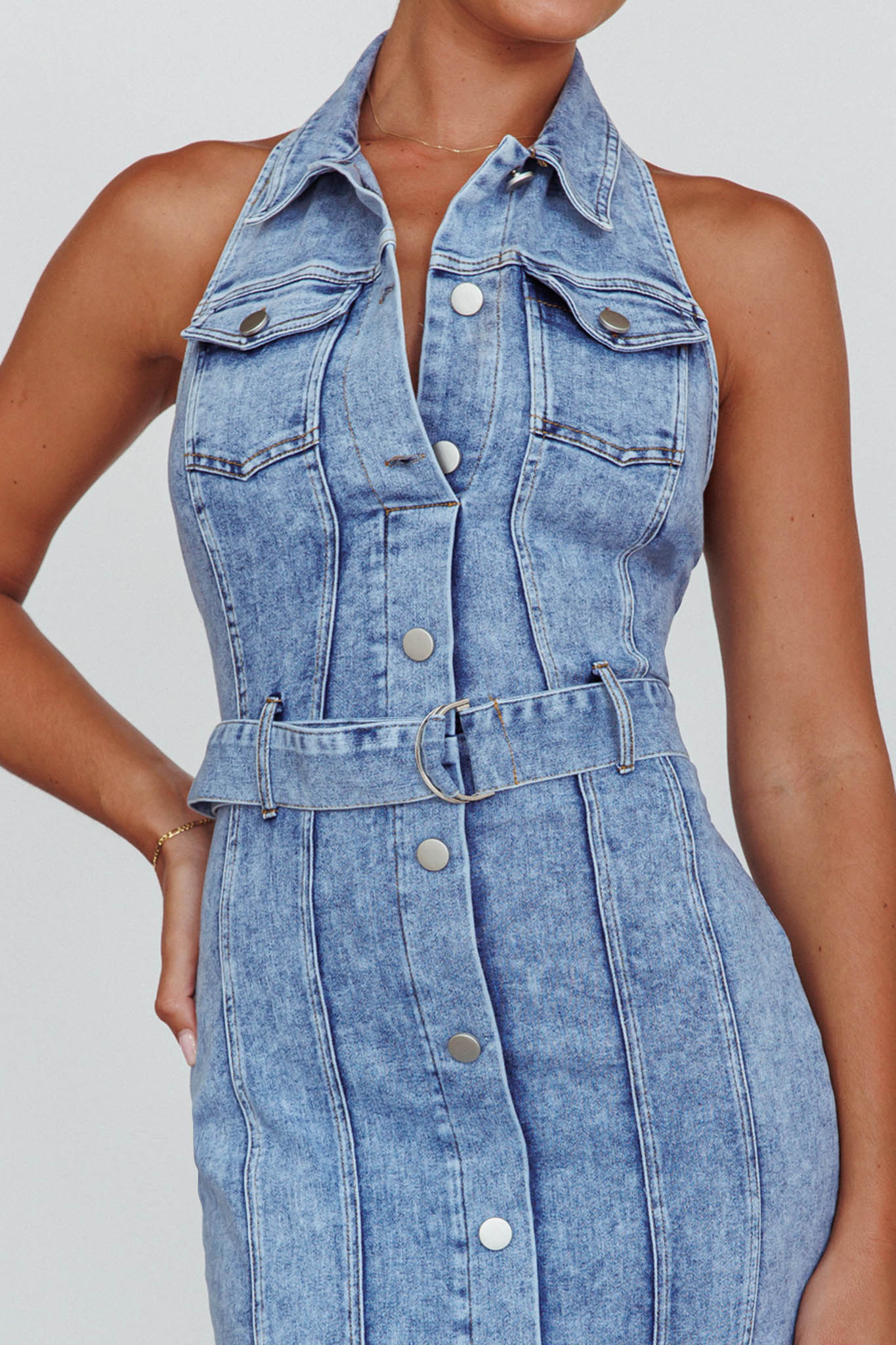 Good To Go Halterneck Midi Dress Denim by Selfie Leslie