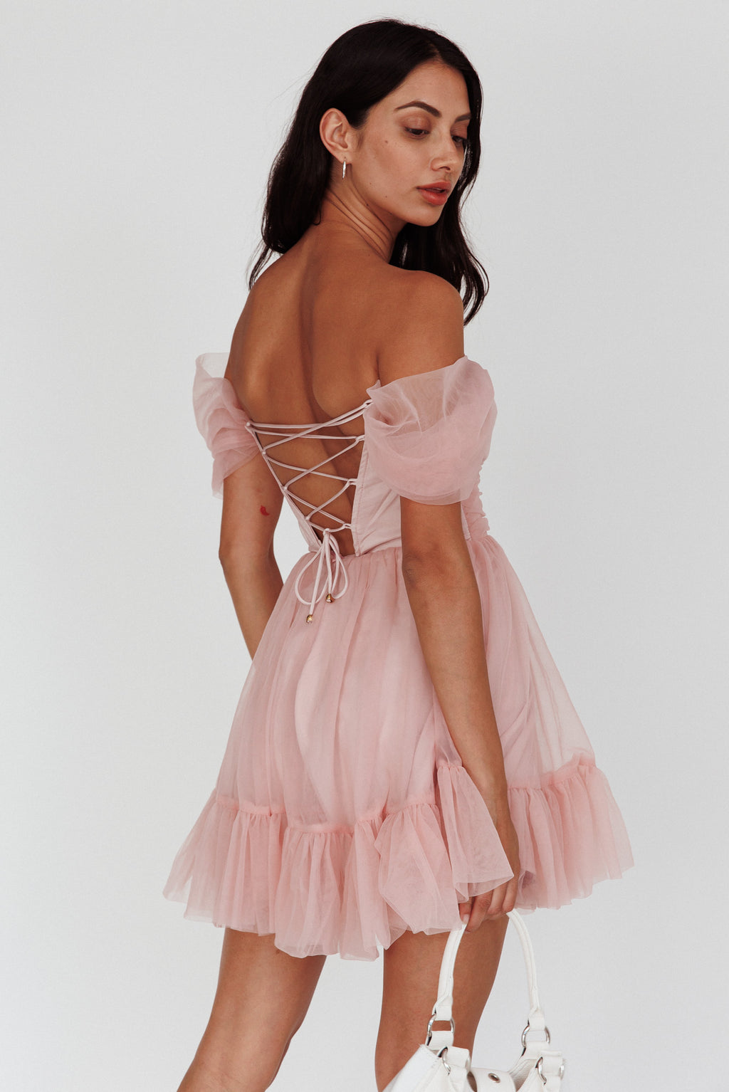 Pixi Off-Shoulder Lace-Up Back Back Pink by Selfie Leslie